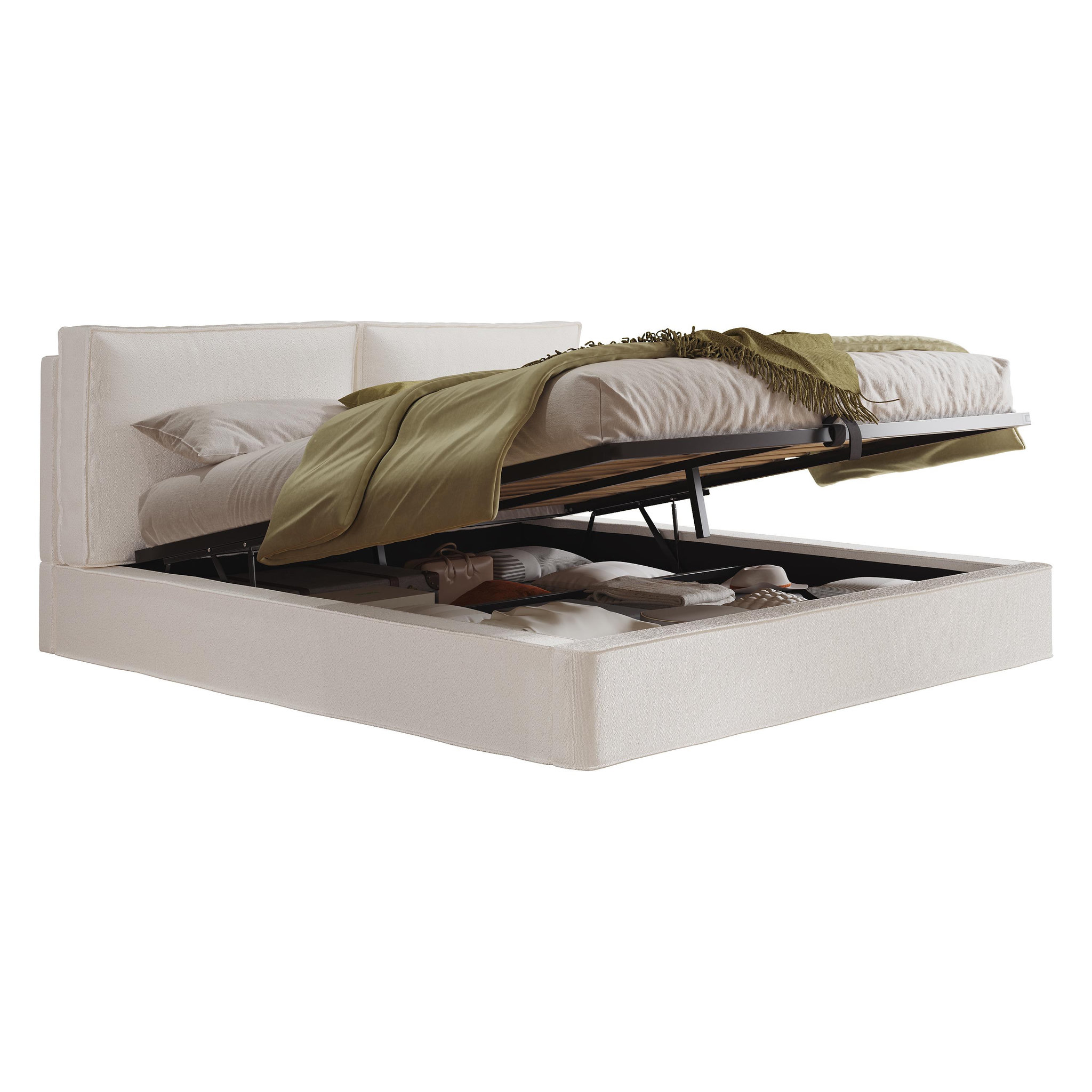 MERAX Lit coffre 180x200 cm avec rangement hydraulique, tête de lit rembourrée bouclé blanc