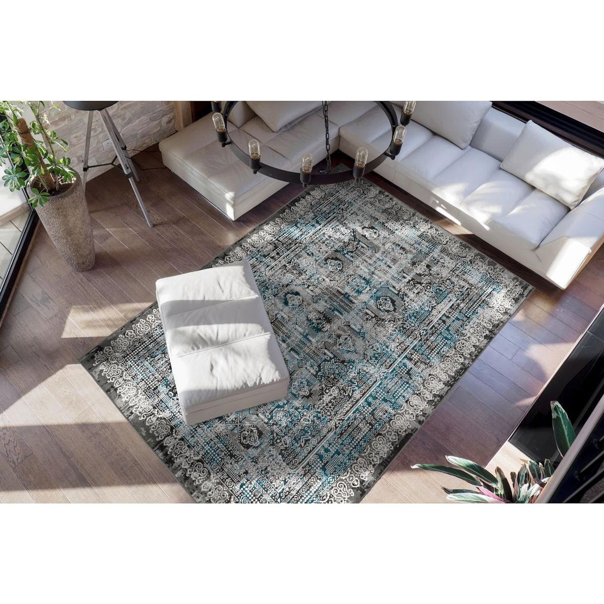 Paris Prix Tapis Imprimé Oriental à Poils Courts  Ariya  Bleu