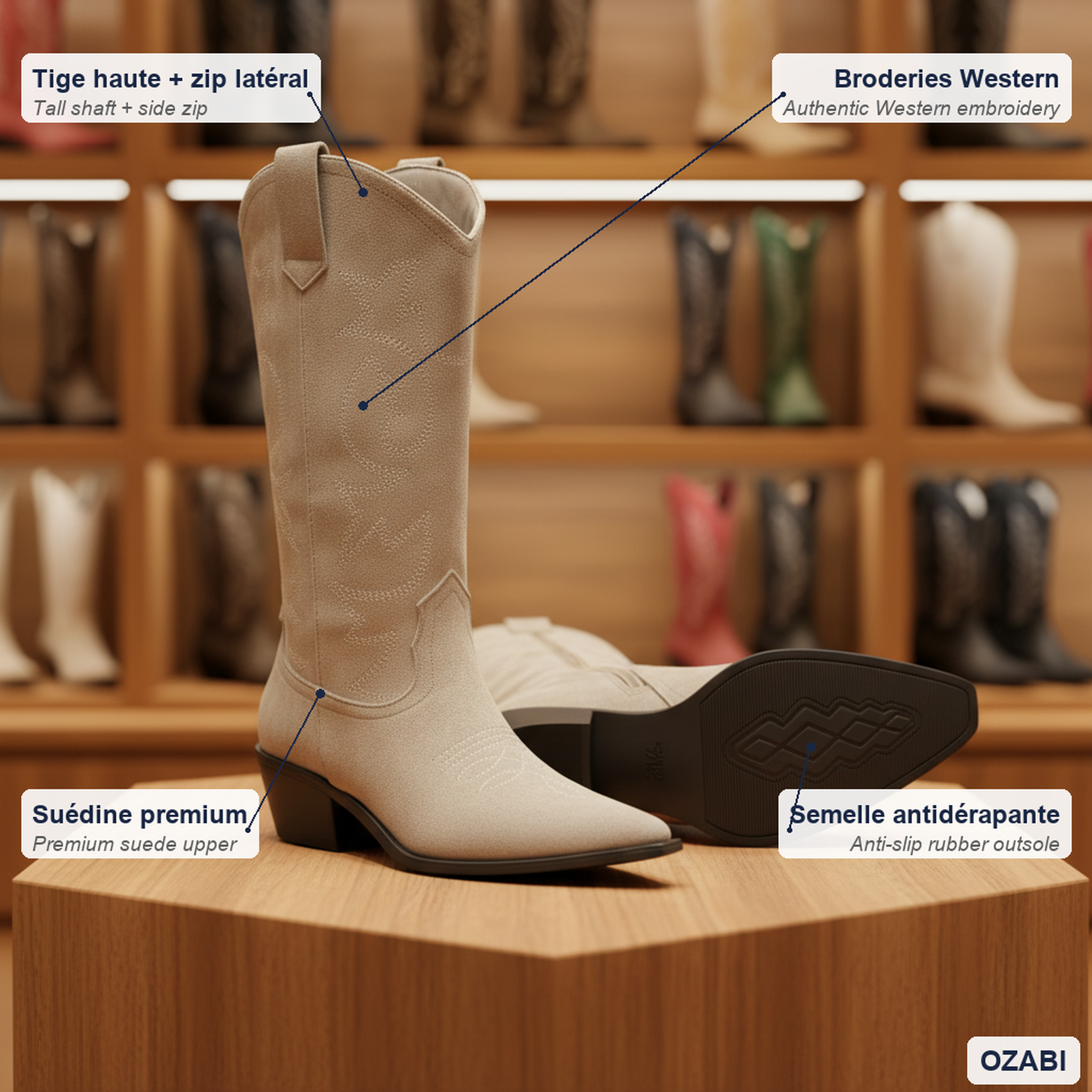 Voir la diapositive 4 : OZABI Ozabi bottes santiag femme haute tige suédine talon bloc 4 cm bout pointu