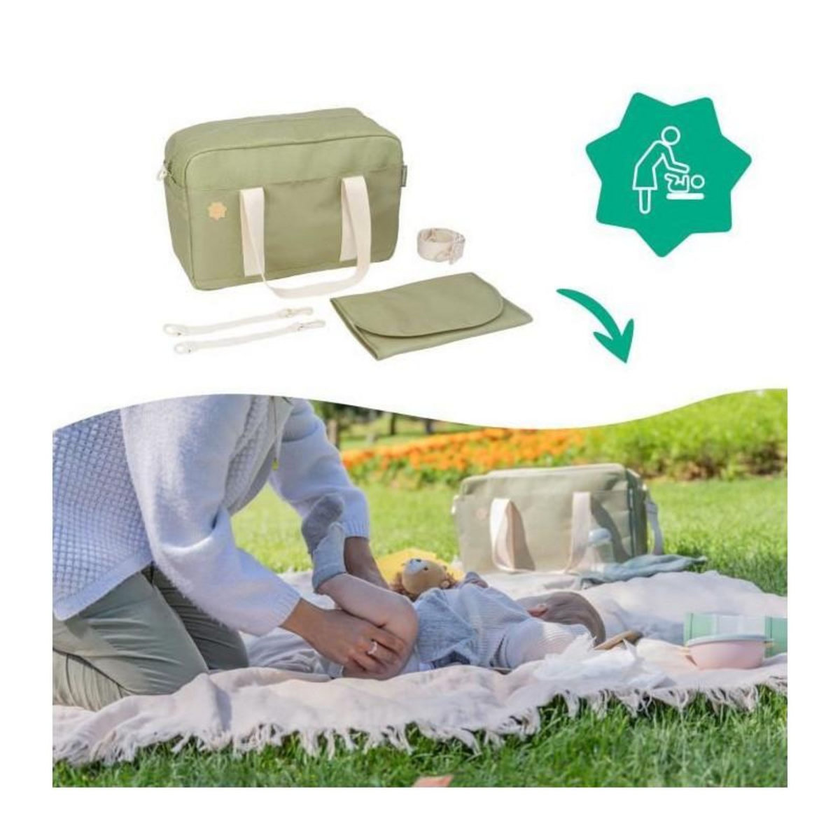 BADABULLE Badabulle Sac a langer Bowling - Grande Contenance 20L - Plan a langer et Attaches-poussette inclus, Olive