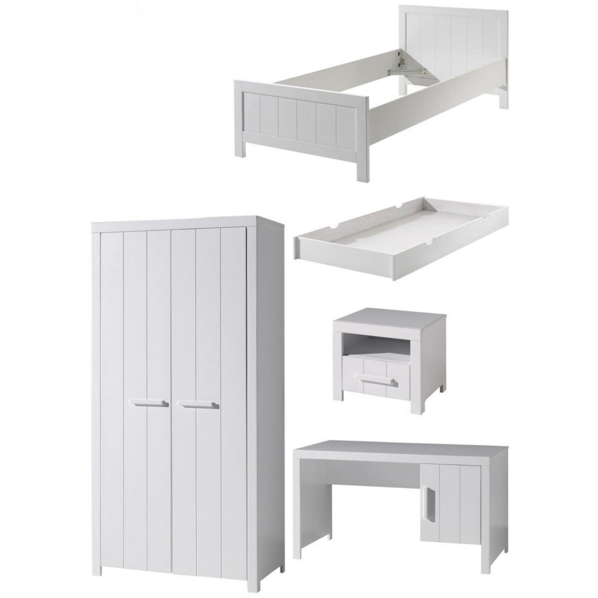 Vipack Ensemble de chambre Vipack ERIK : Lit simple, lit gigogne, chevet, bureau et armoire 2 portes en bois laqué blanc