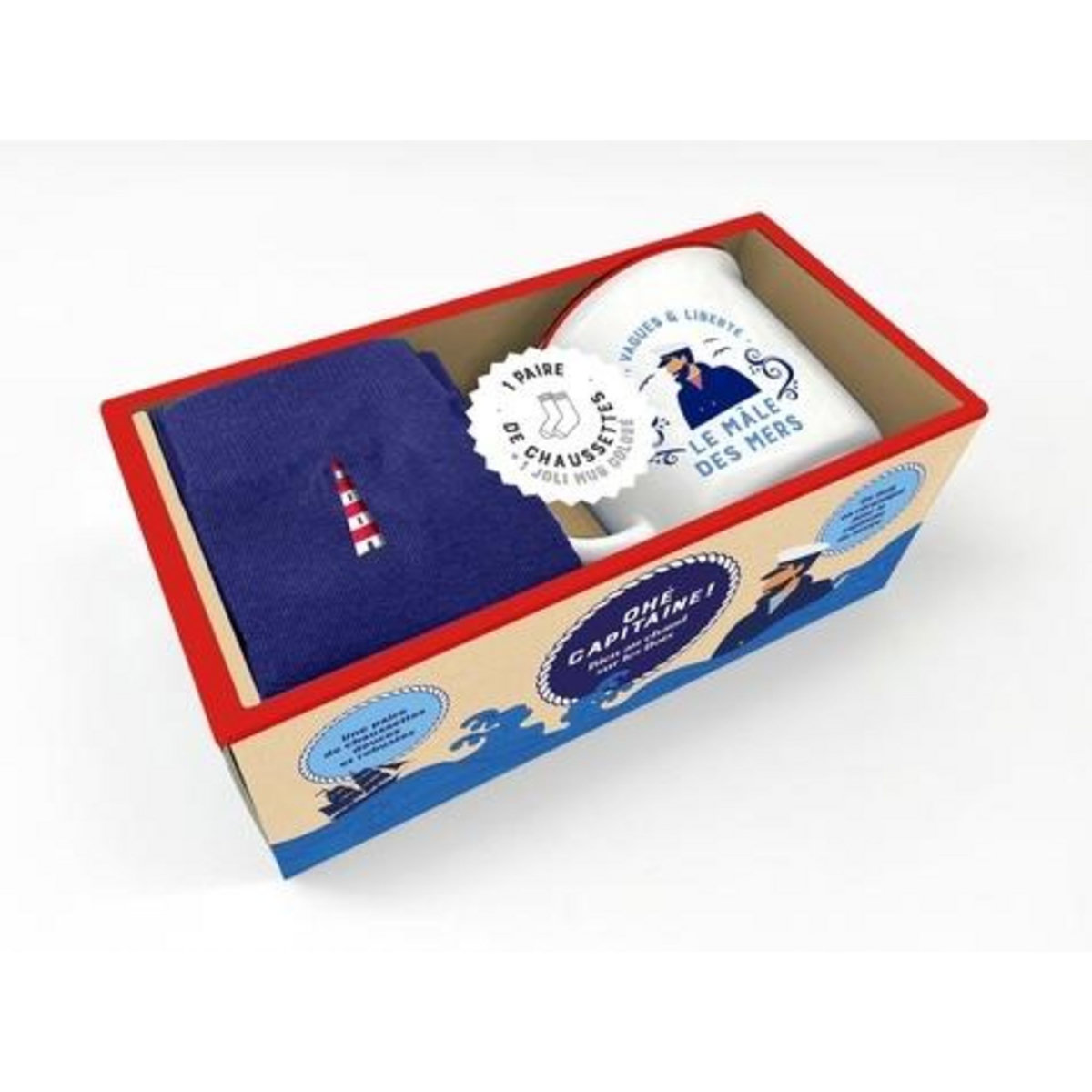 OHE CAPITAINE ! BIEN AU CHAUD SUR LES FLOTS. COFFRET AVEC UN MUG, UN LIVRET ET UNE PAIRE DE CHAUSSETTES, Florange Jeanne