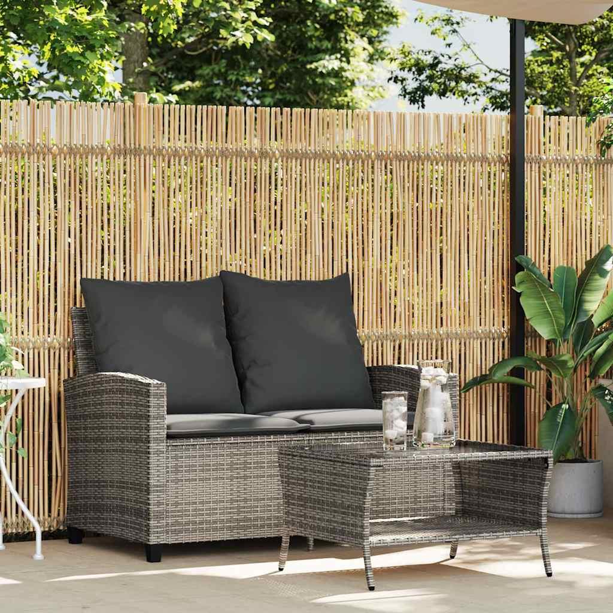 Voir la diapositive 3 : VIDAXL Canape de jardin 2 places coussins et table gris resine tressee