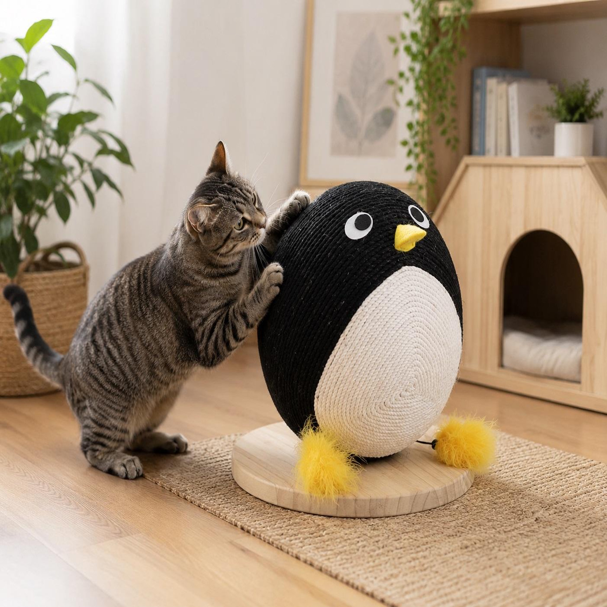 Voir la diapositive 2 : Eden Balle a griffer pingouin pour chat avec corde 30cm