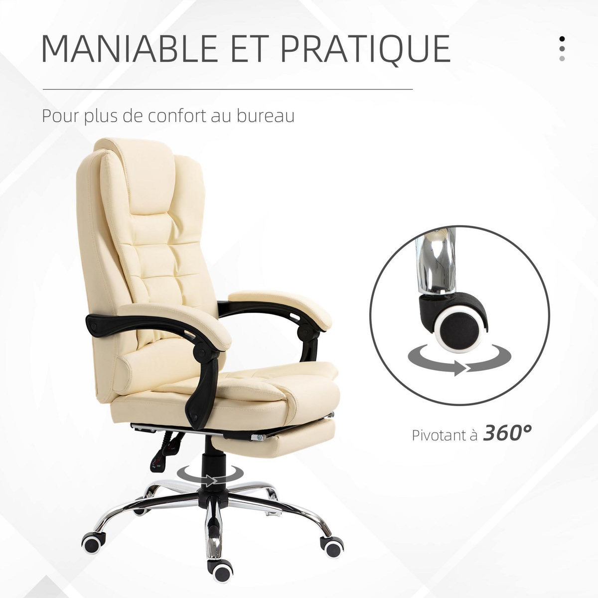 HOMCOM Fauteuil de bureau fauteuil manager grand confort réglable dossier inclinable repose-pied revêtement synthétique crème