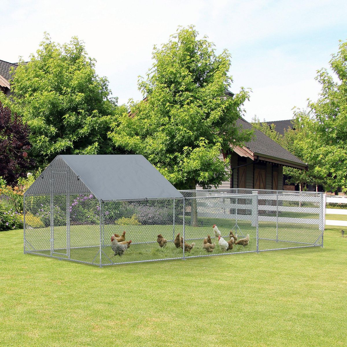 PAWHUT Enclos poulailler chenil 18 m² - parc grillagé dim 6L x 3l x 1,95H m - espace couvert - acier galvanisé