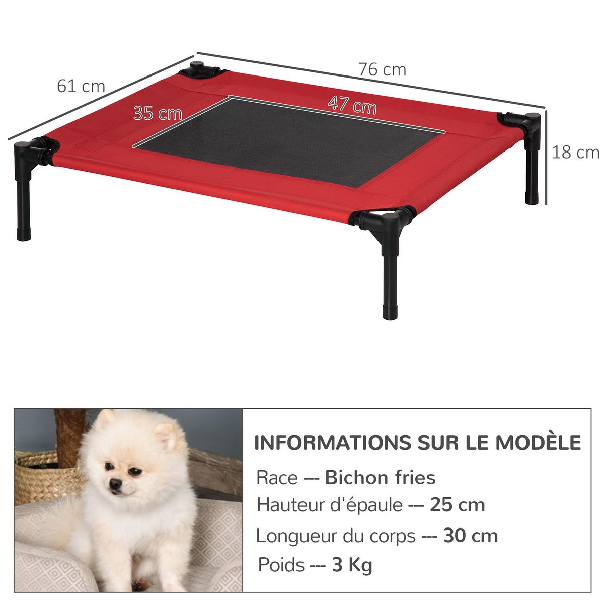 PAWHUT Lit surélevé pour chien chat dim. 76L x 61l x 18H cm avec sac métal époxy tissu oxford textilène micro-perforé rouge noir