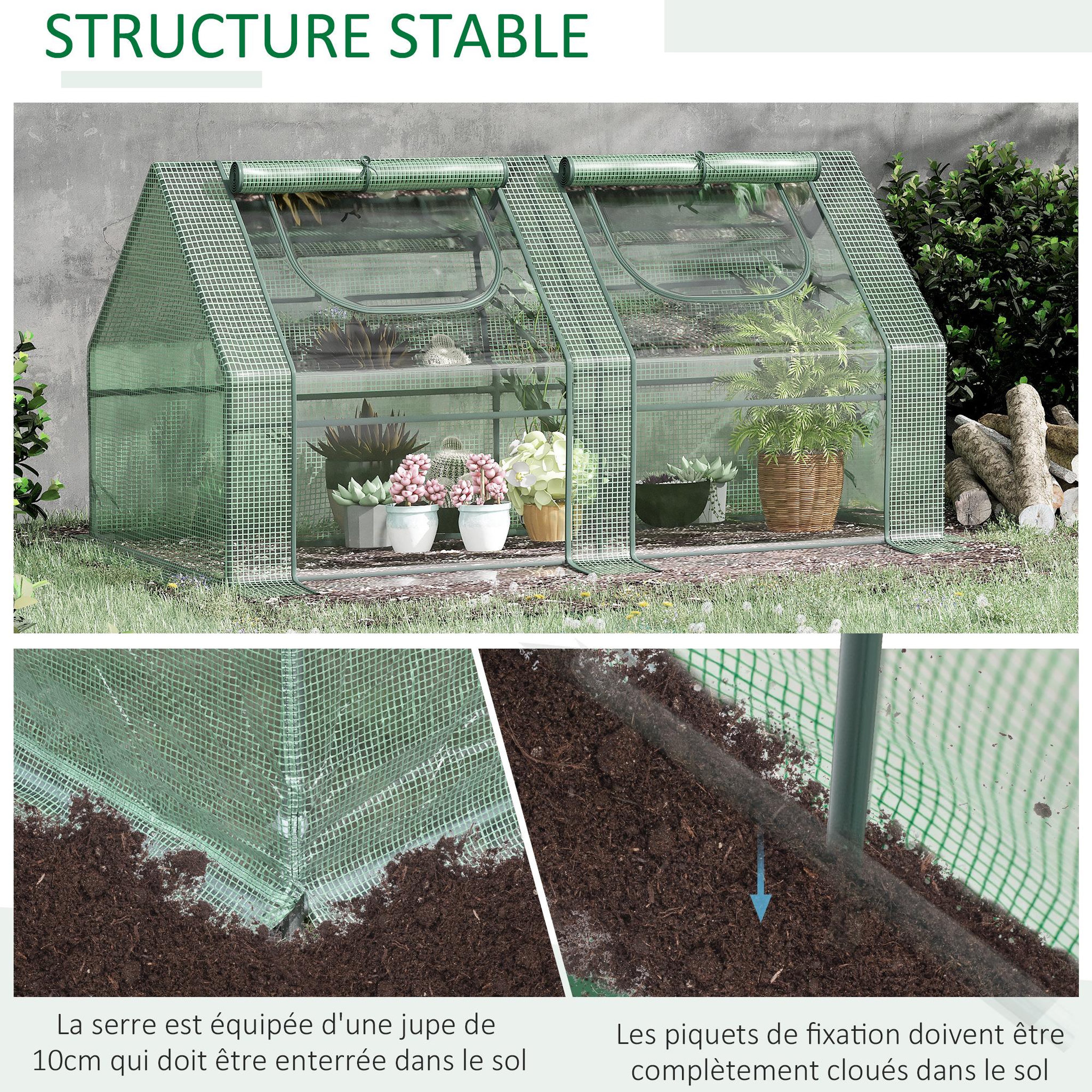 Voir la diapositive 5 : OUTSUNNY Mini serre de jardin serre à tomates double bâche 180L x 90l x 90H cm acier PE PVC 2 fenêtres avec zip enroulables vert