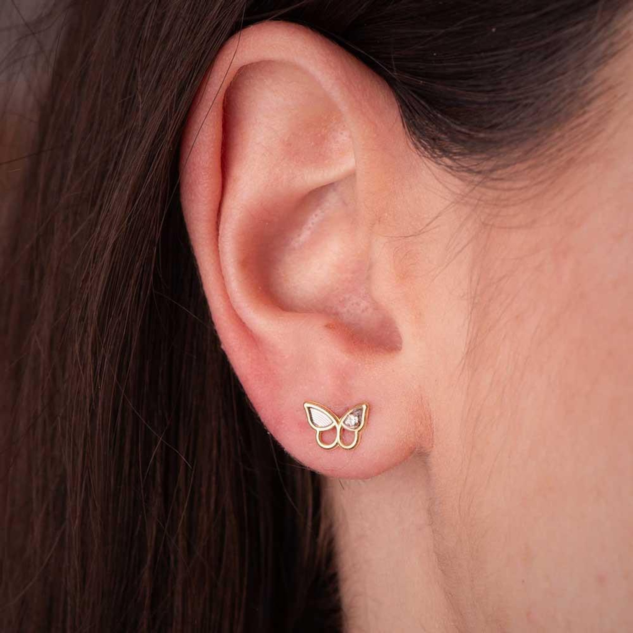 Voir la diapositive 2 : L'ATELIER D'AZUR Boucles d'Oreilles Or 18 Carats 750 Bicolore Jaune et Blanc - Zirconium - Motif Papillon