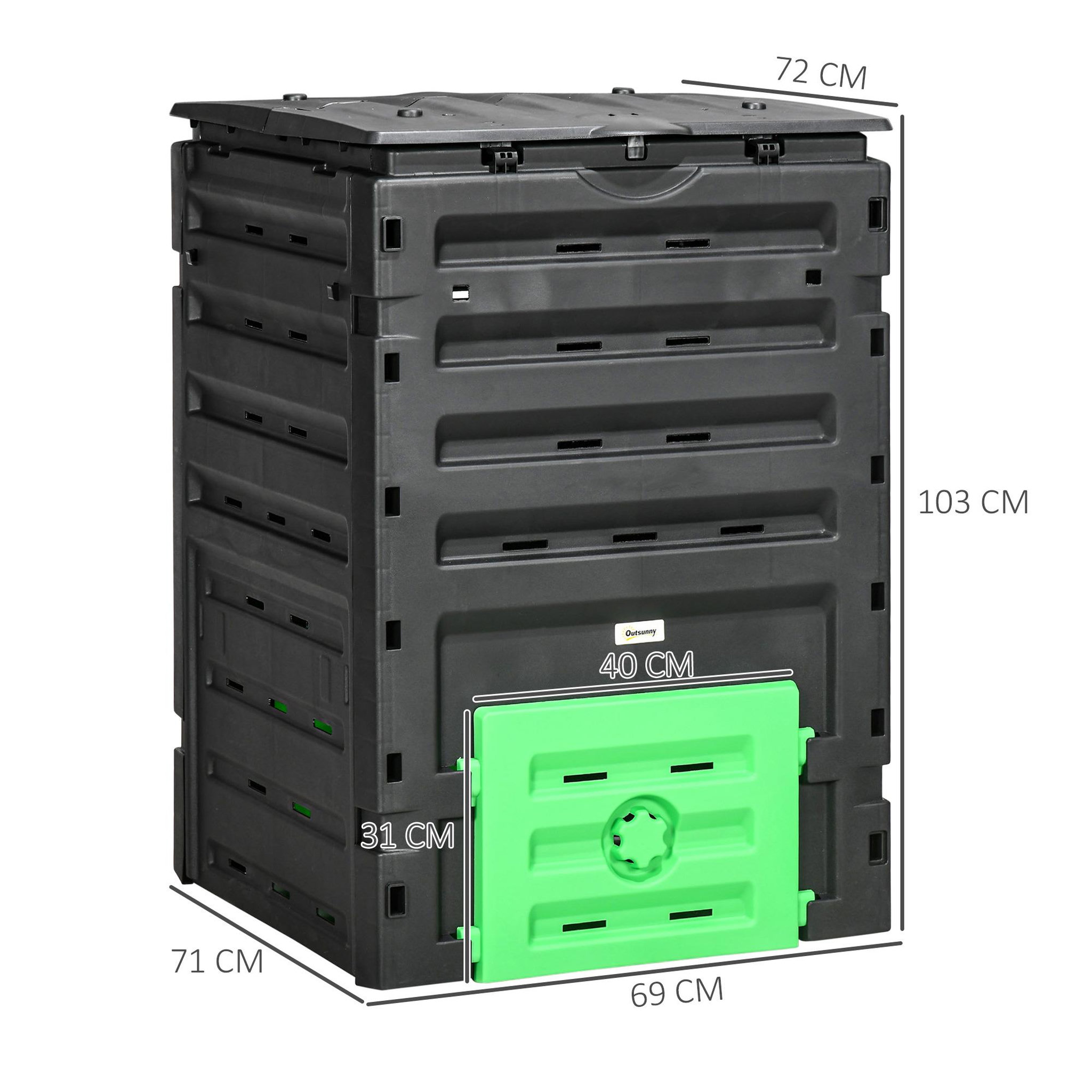 Voir la diapositive 3 : OUTSUNNY Composteur de jardin 450L 80 aérations 2 trappes coulissantes toit ouvrant noir vert
