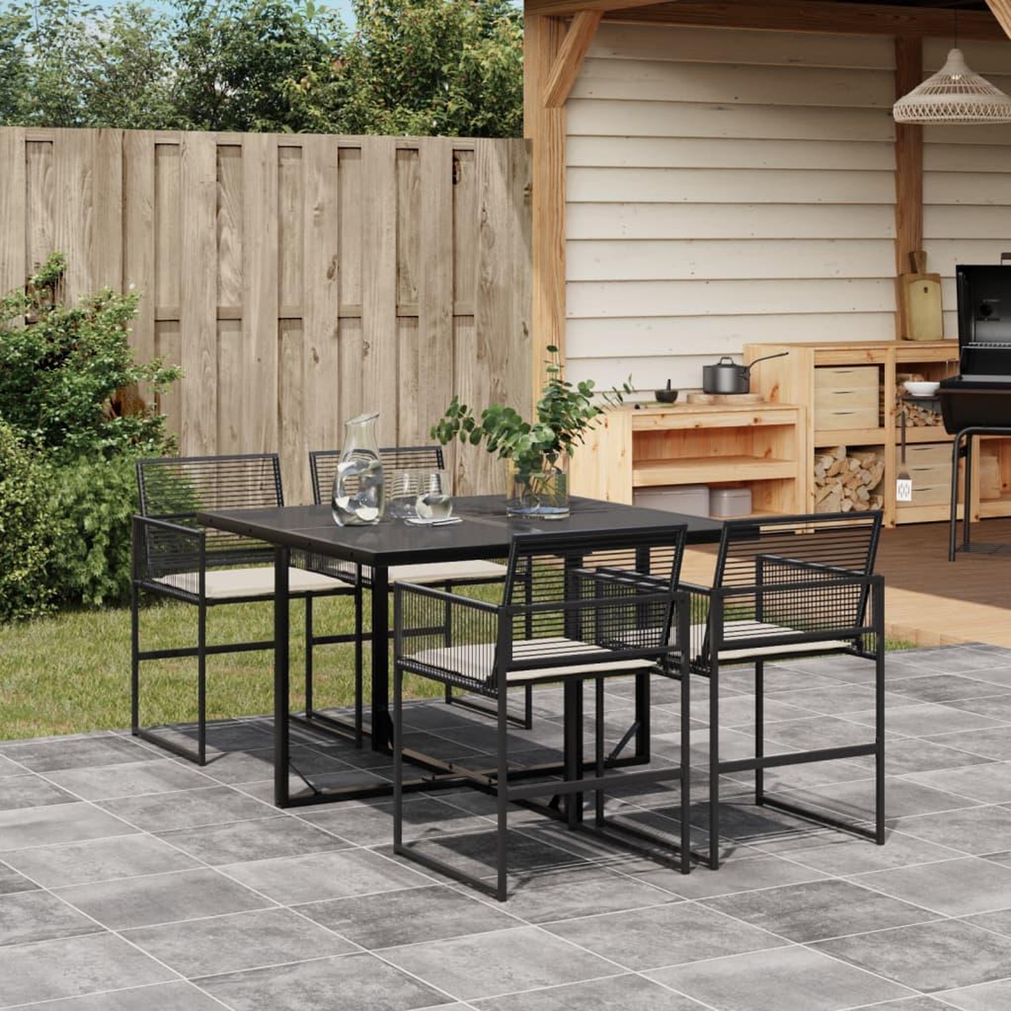VIDAXL Ensemble a manger de jardin coussins 5pcs noir resine tressee