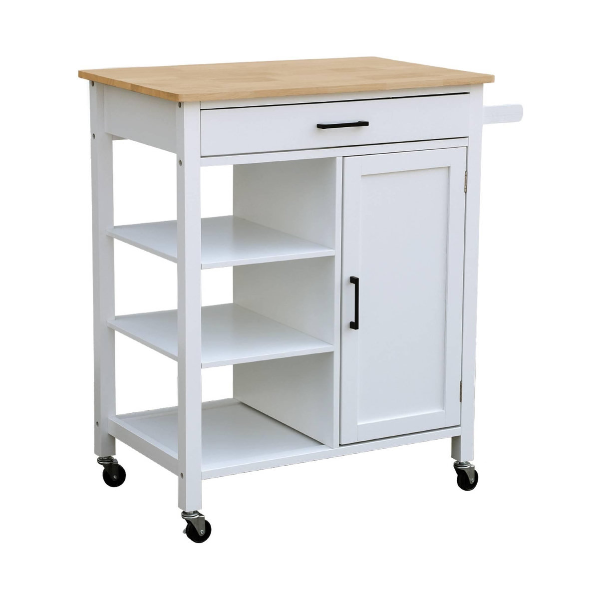 SWEEEK Desserte de cuisine BENDOR plateau en bois d'hévéa, 83 x 47 x 91 cm, 1 poignée, 4 roues, 1 tiroir, 5 étagères, 1 porte, style contemporain