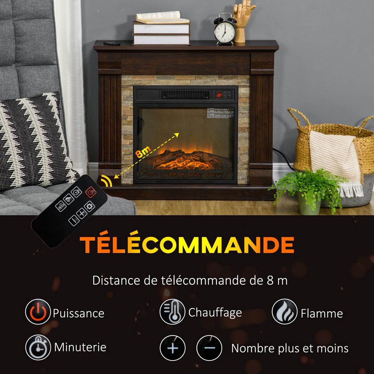 HOMCOM Cheminée électrique 1800W design ranch effet bois foncé et pierre parement télécommande