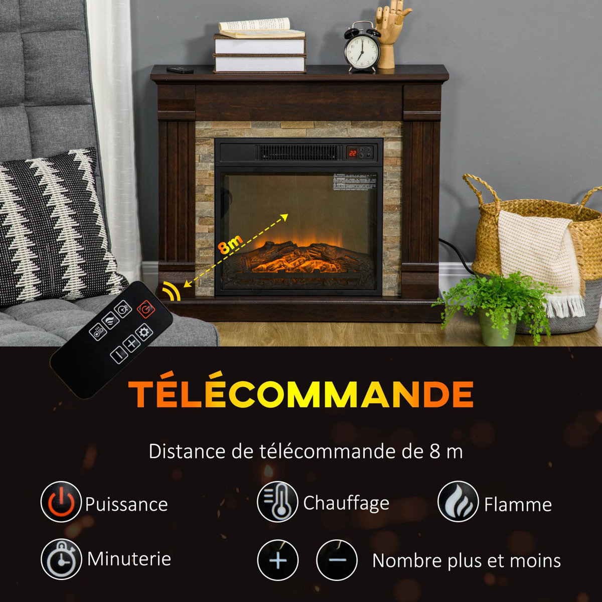 HOMCOM Cheminée électrique 1800W design ranch effet bois foncé et pierre parement télécommande