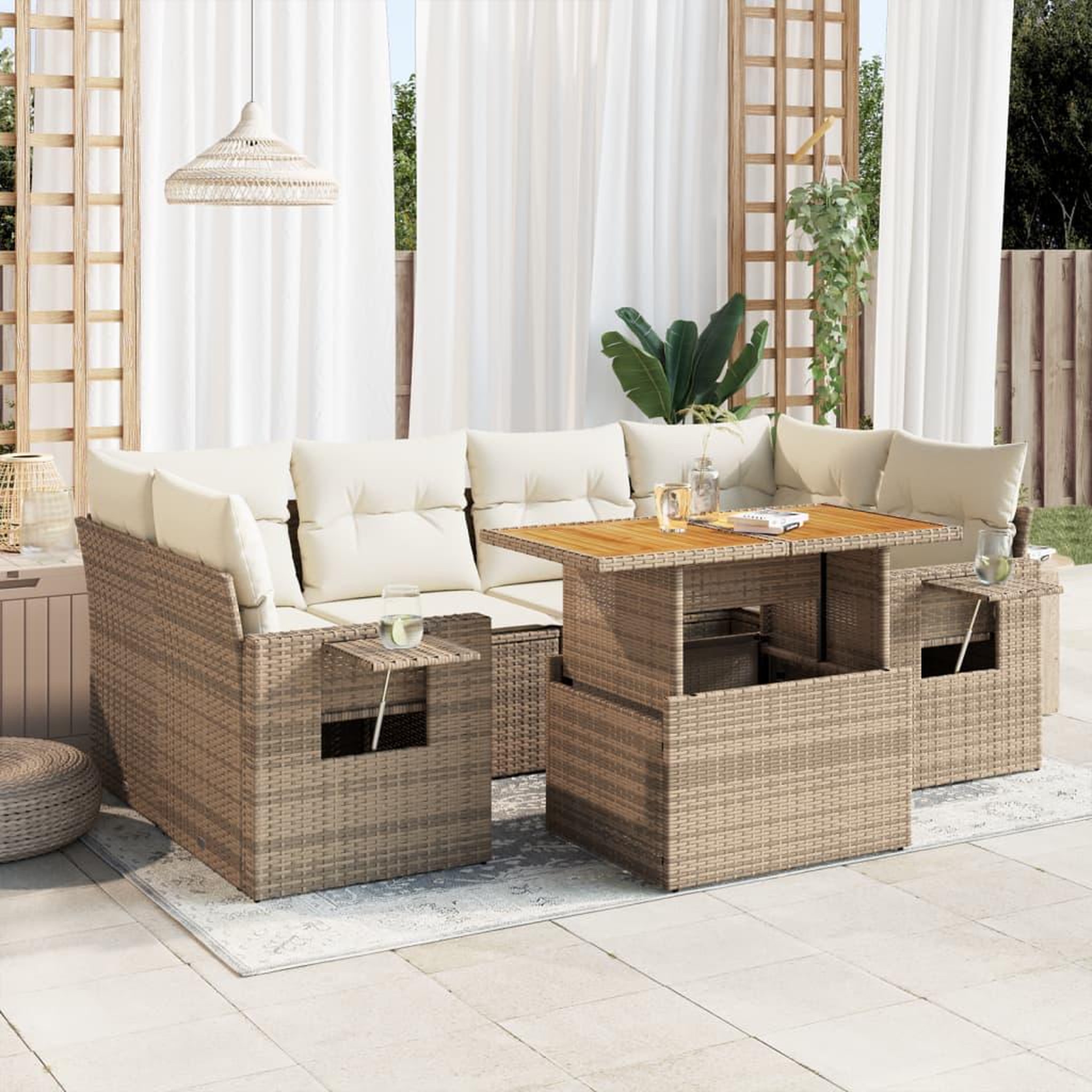 VIDAXL Salon de jardin avec coussins 7 pcs beige resine tressee