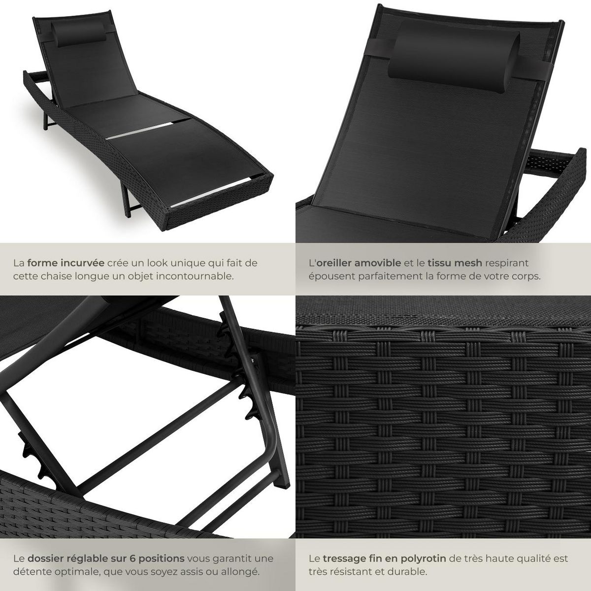 tectake Bain de soleil en rotin résistant et anti-UV noir