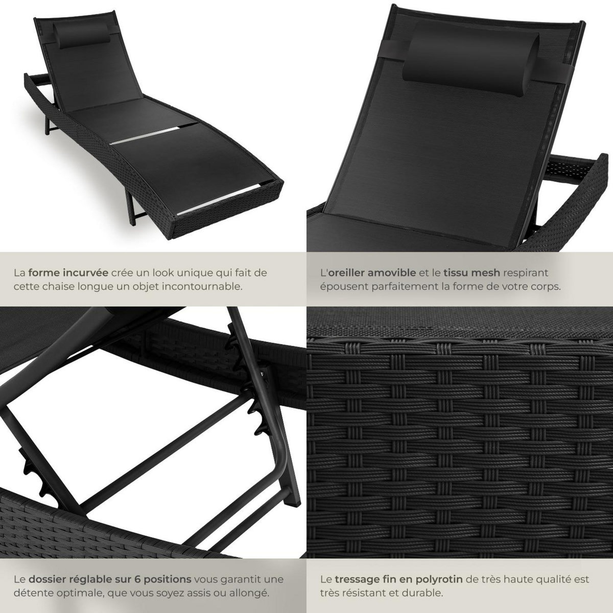 tectake Bain de soleil en rotin résistant et anti-UV noir