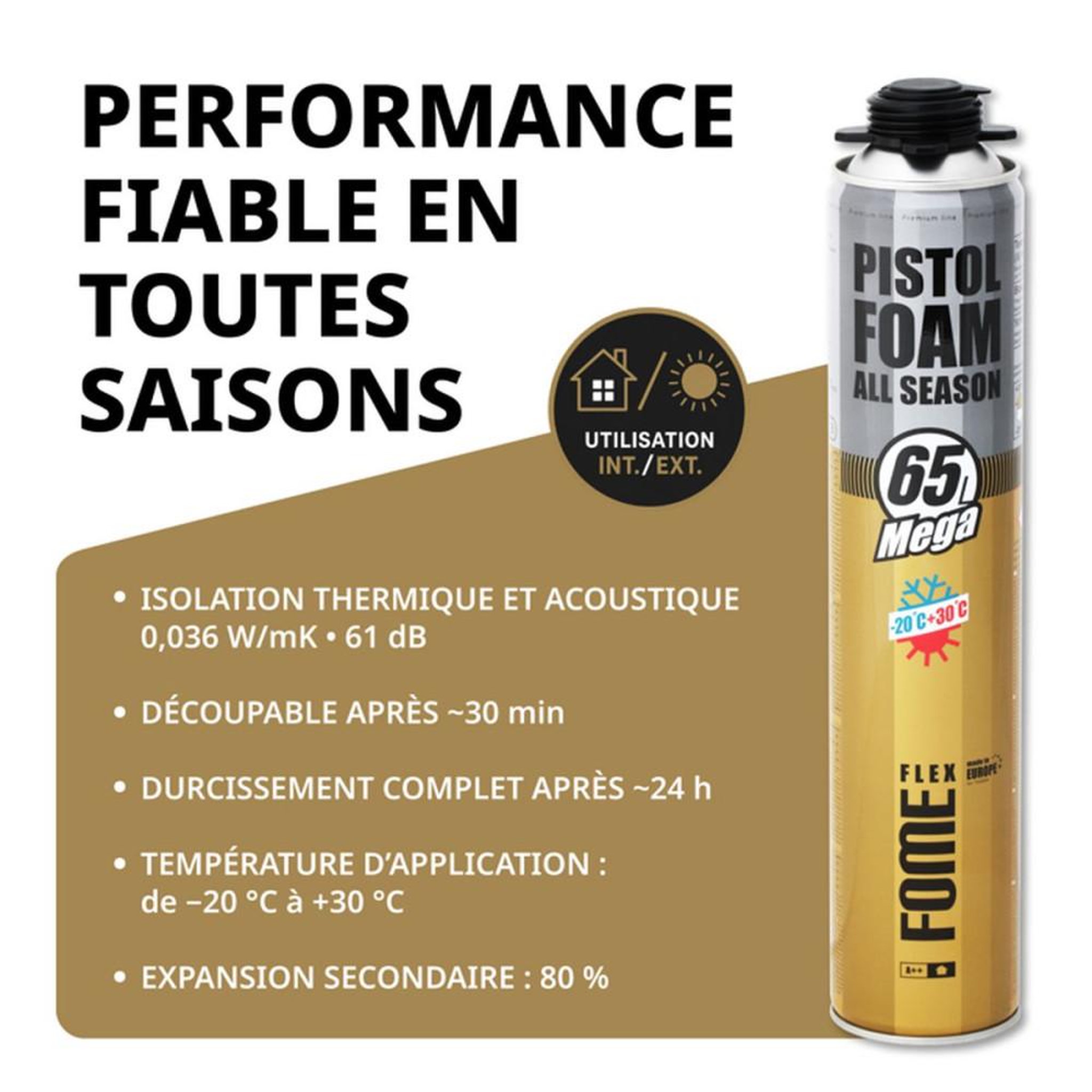 Voir la diapositive 4 : Mousse polyuréthane pistoletable toutes saisons jaune jusqu'à 65 L, application au pistolet, pour montage, étanchéité et isolation