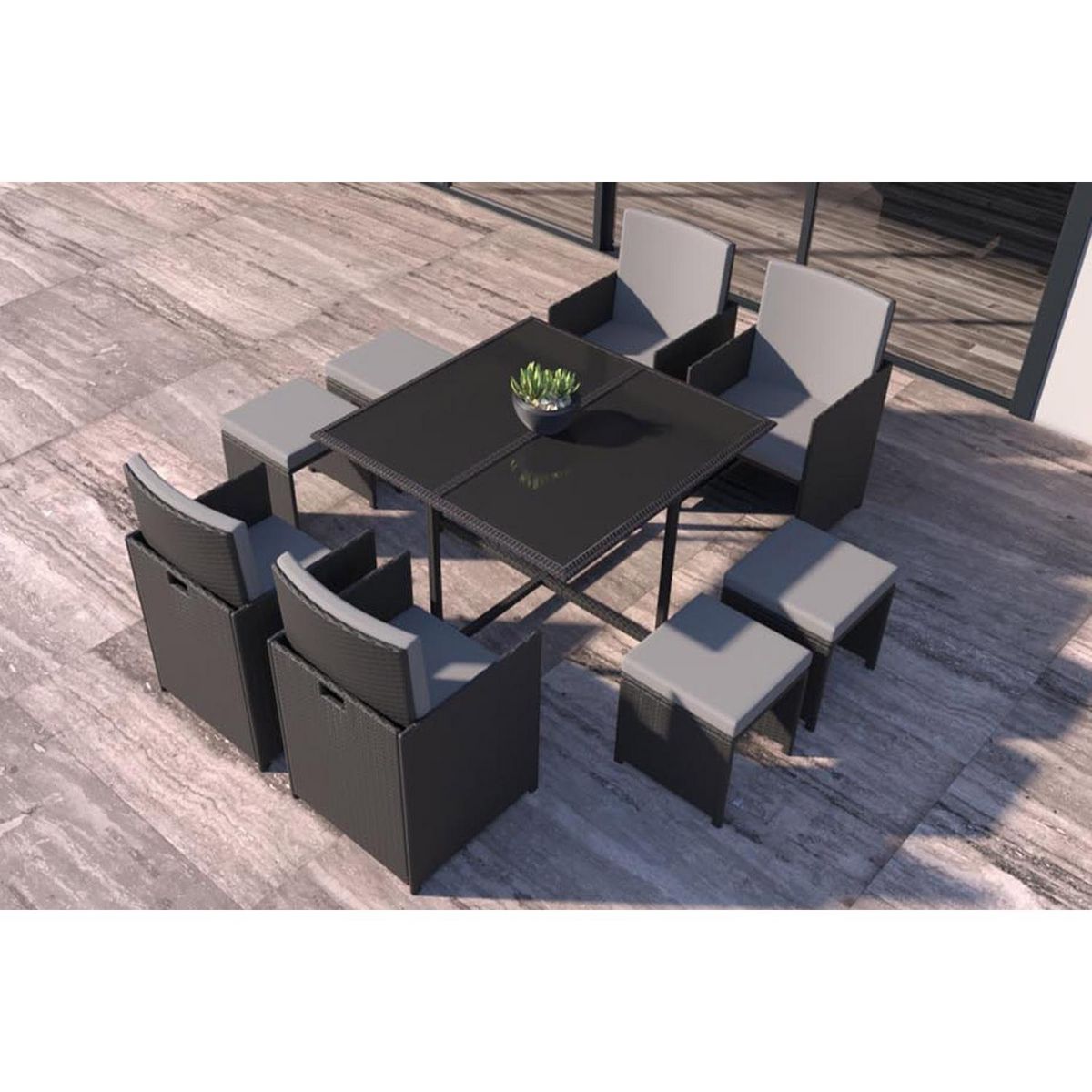 CONCEPT USINE Table et chaises 8 places en résine tressée noir et gris FLORIDA