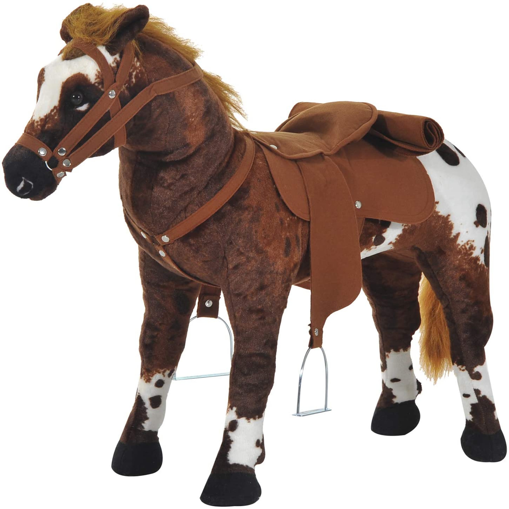 Voir la diapositive 1 : HOMCOM Cheval debout en peluche effets sonores hennissement et galop selle étrier rênes 85L x 28l x 60H marron blanc