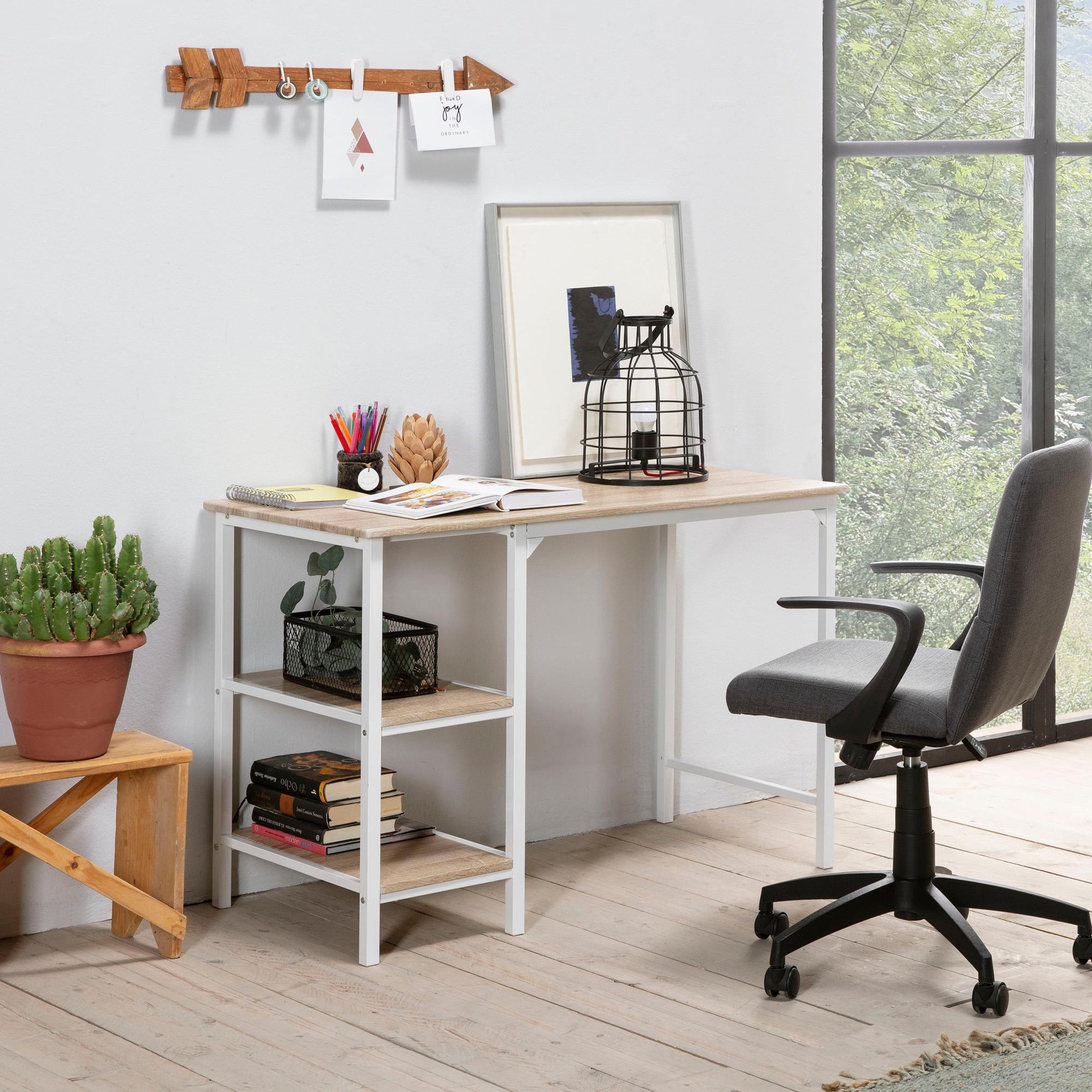Voir la diapositive 5 : VS VENTA-STOCK Bureau Colón Blanc,Table pour PC, 2 Rayons, Style Industriel, 110 cm Longueur
