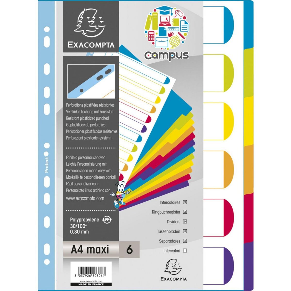 EXACOMPTA Lot de 6 intercalaires A4 maxi polypro Campus