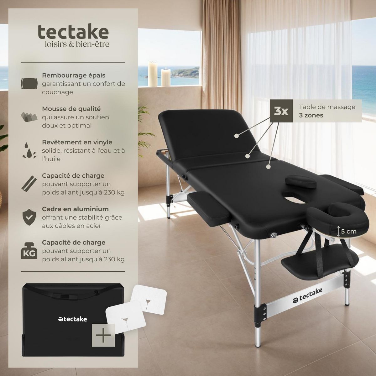 tectake Table 3 zones de massage largeur 78 cm et rembourrage 5 cm noir