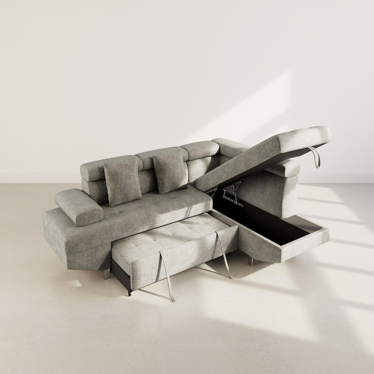 BEST MOBILIER Margaux - canapé d'angle droit 5 places convertible avec coffre et têtières réglables en velours texturé