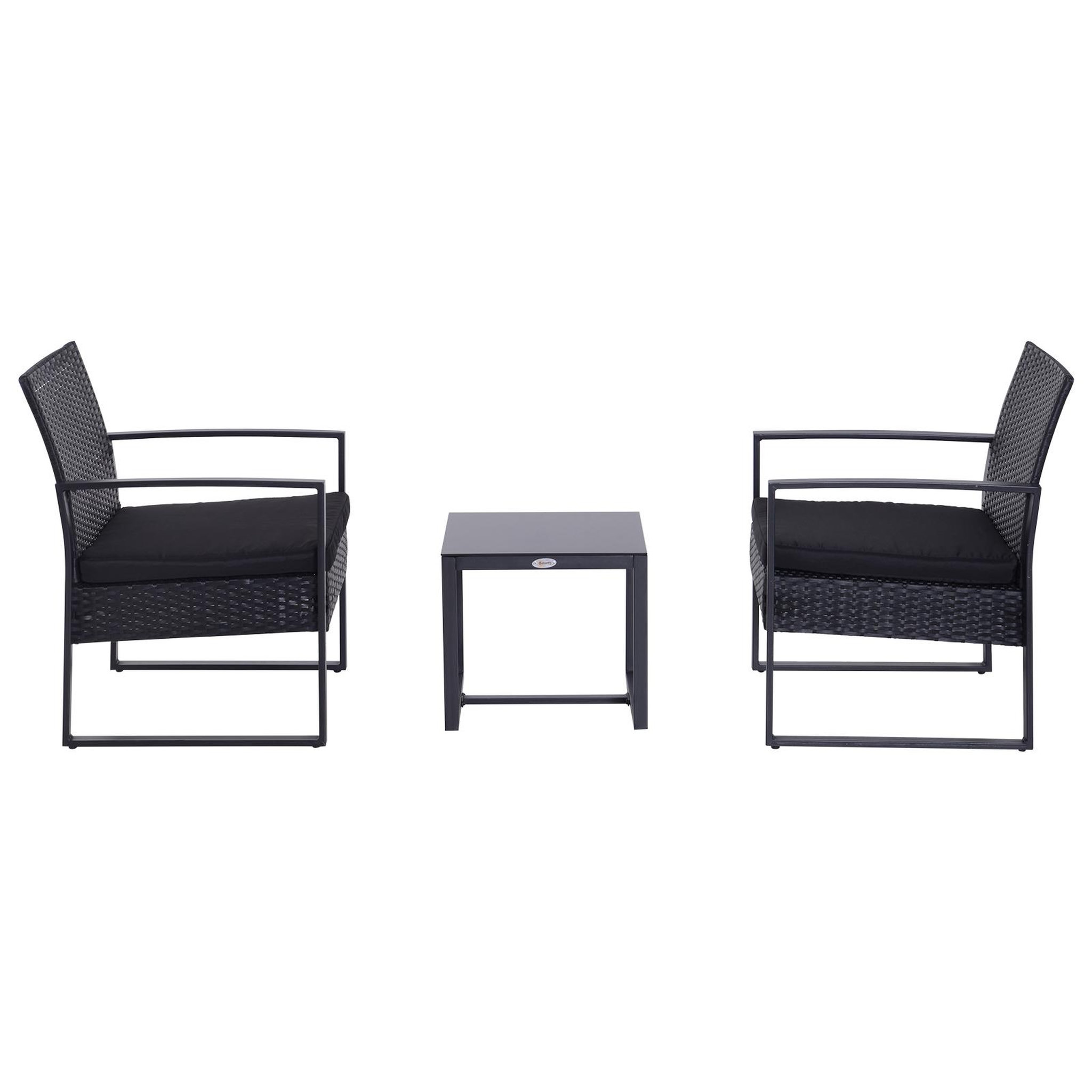 Voir la diapositive 2 : OUTSUNNY Salon de jardin 2 places - 3 pièces 2 chaises avec coussins + table basse - plateau verre trempé - résine tressée 4 fils imitation rotin noir