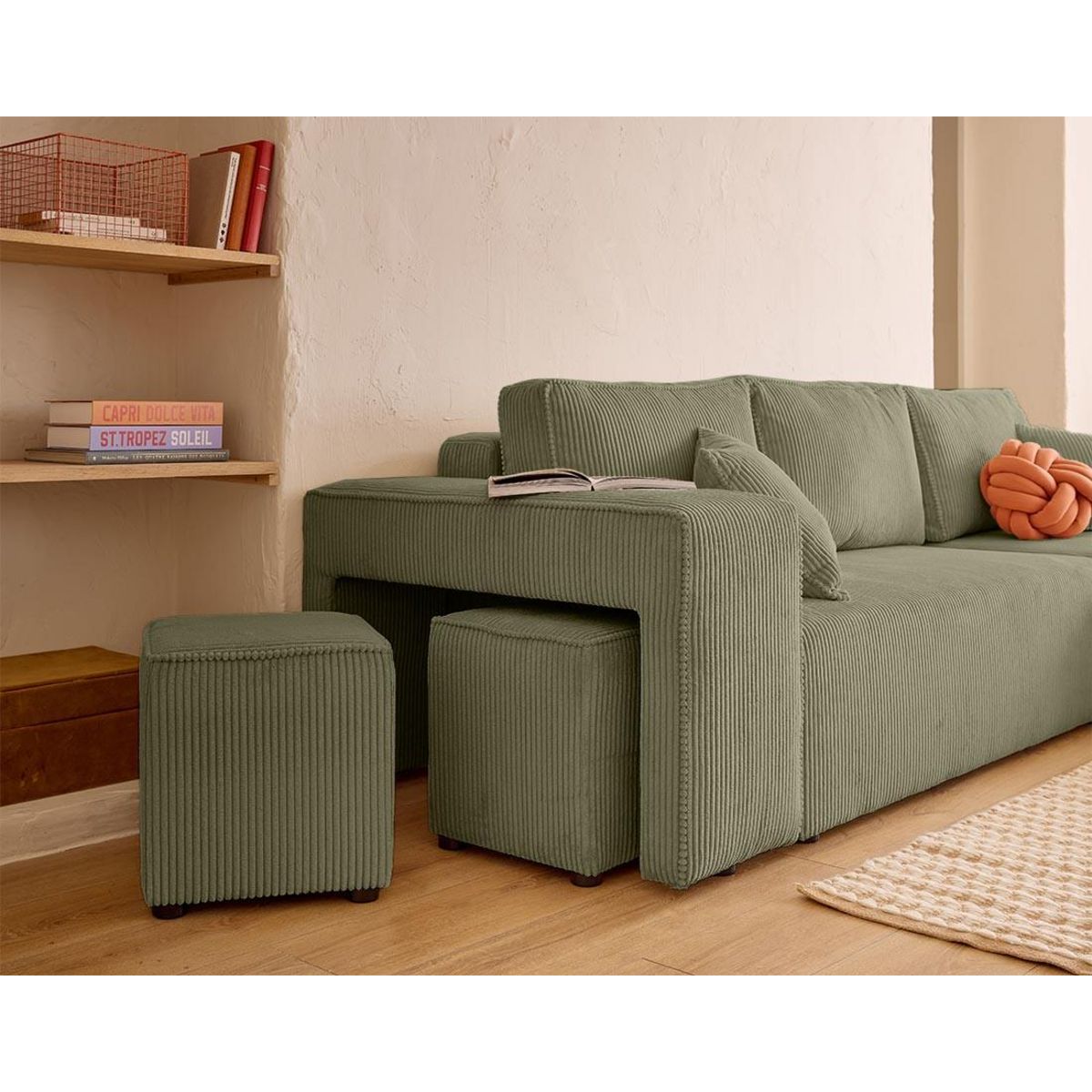 BEST MOBILIER Topaze - canapé d'angle réversible 4 places - convertible avec coffre, tablette et poufs - en velours côtelé