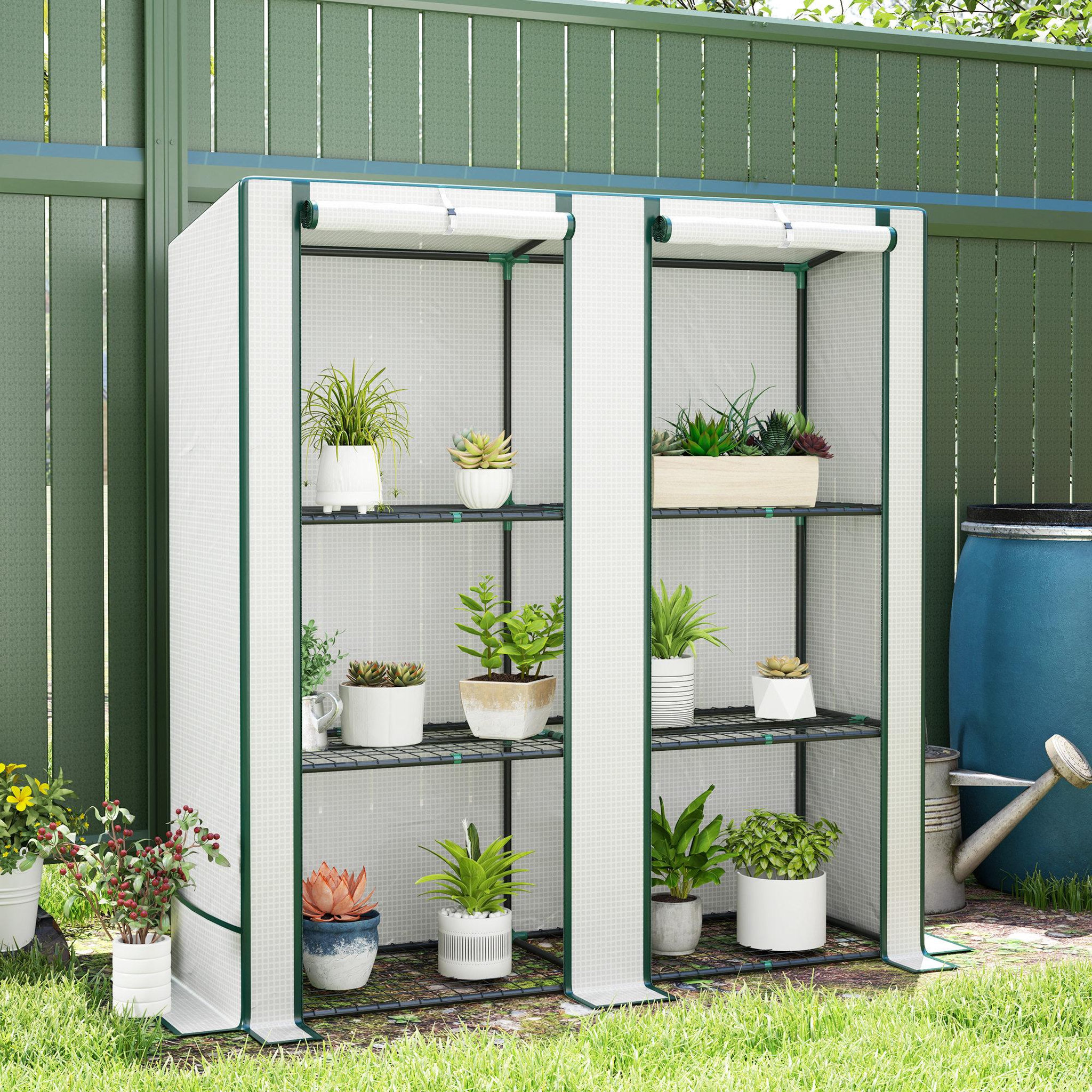 Voir la diapositive 2 : OUTSUNNY Serre de jardin balcon avec étagères métalliques 3 niveaux 2 portes acier noir pe blanc
