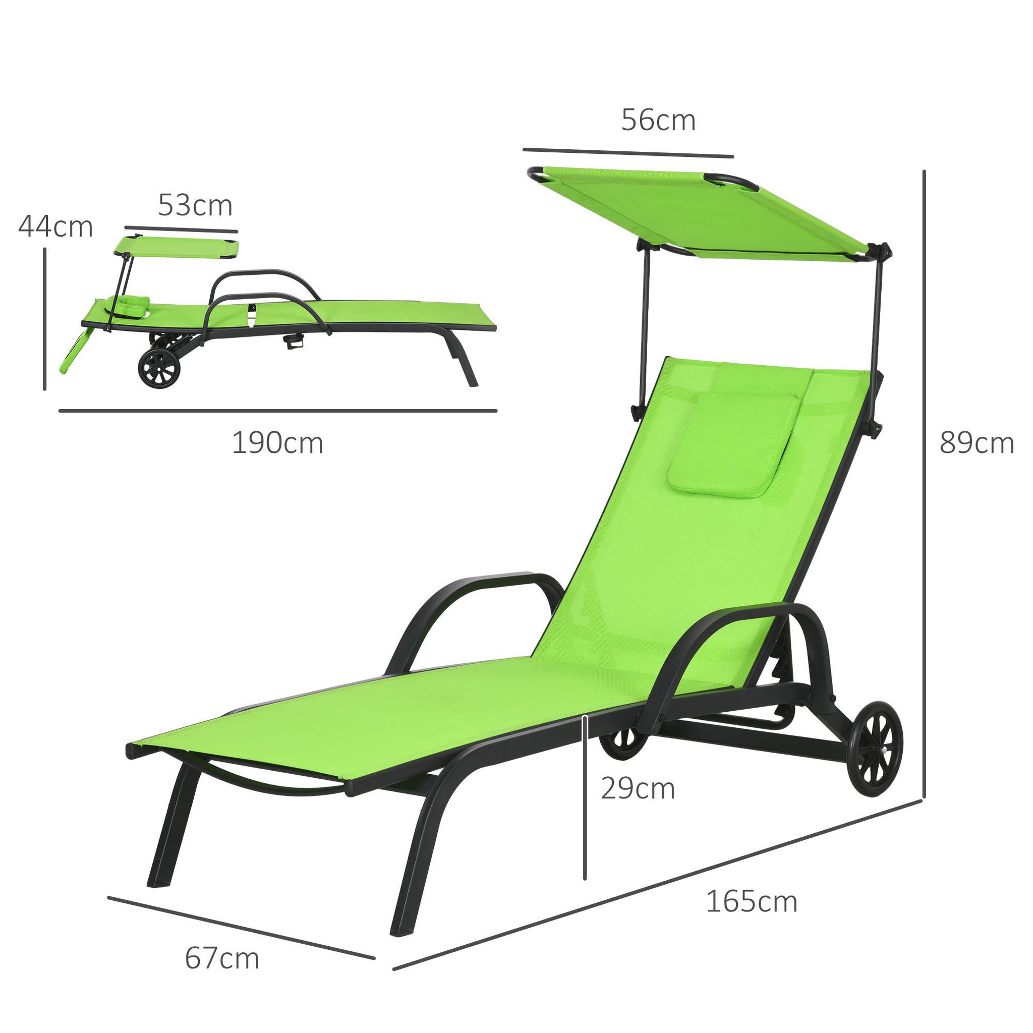 Voir la diapositive 3 : OUTSUNNY Bain de soleil transat inclinable pare-soleil réglable roulettes acier textilène vert