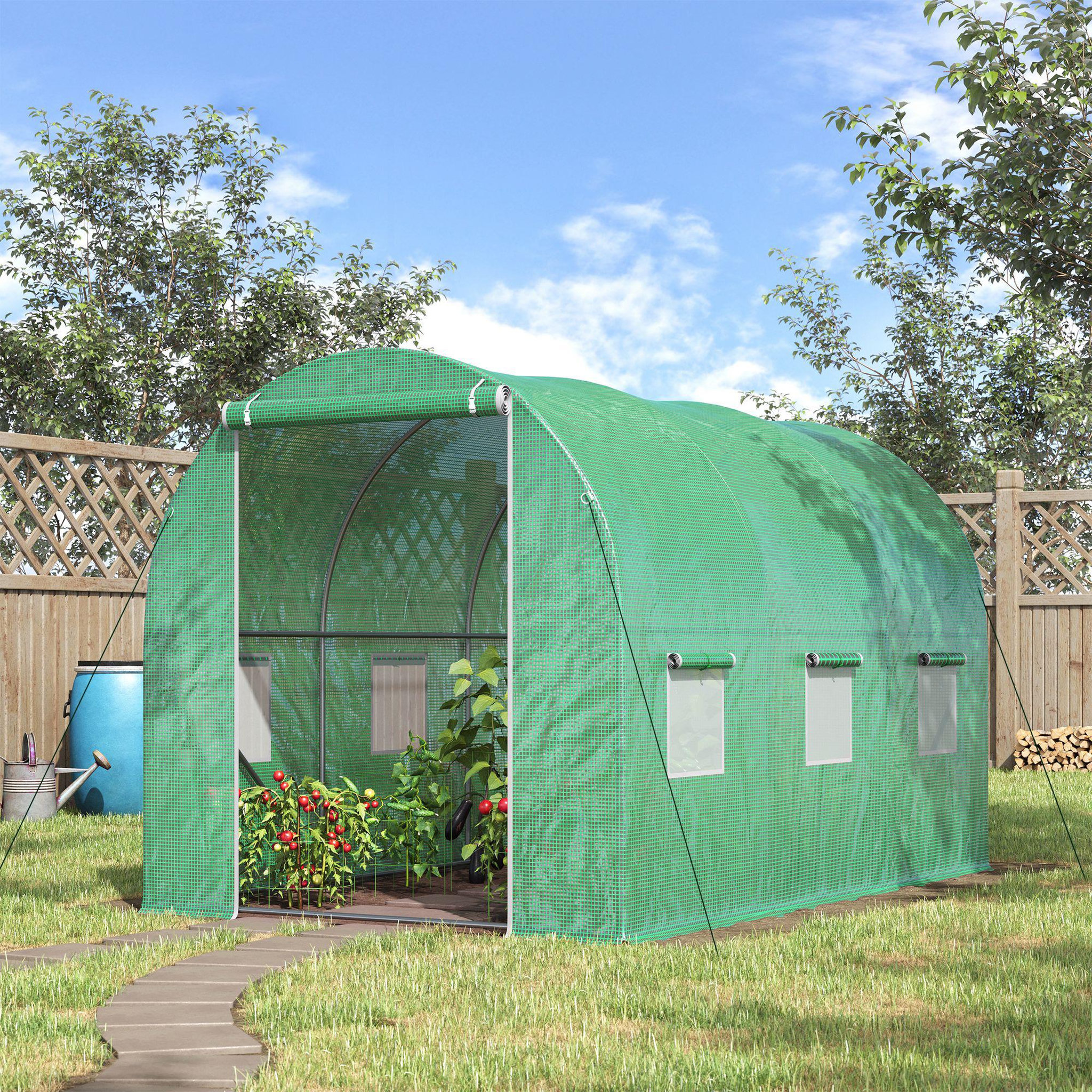 Voir la diapositive 2 : OUTSUNNY Serre de jardin tunnel surface sol 6 m² 3l x 2l x 2h m châssis tubulaire renforcé porte zippée 6 fenêtres enroulables vert