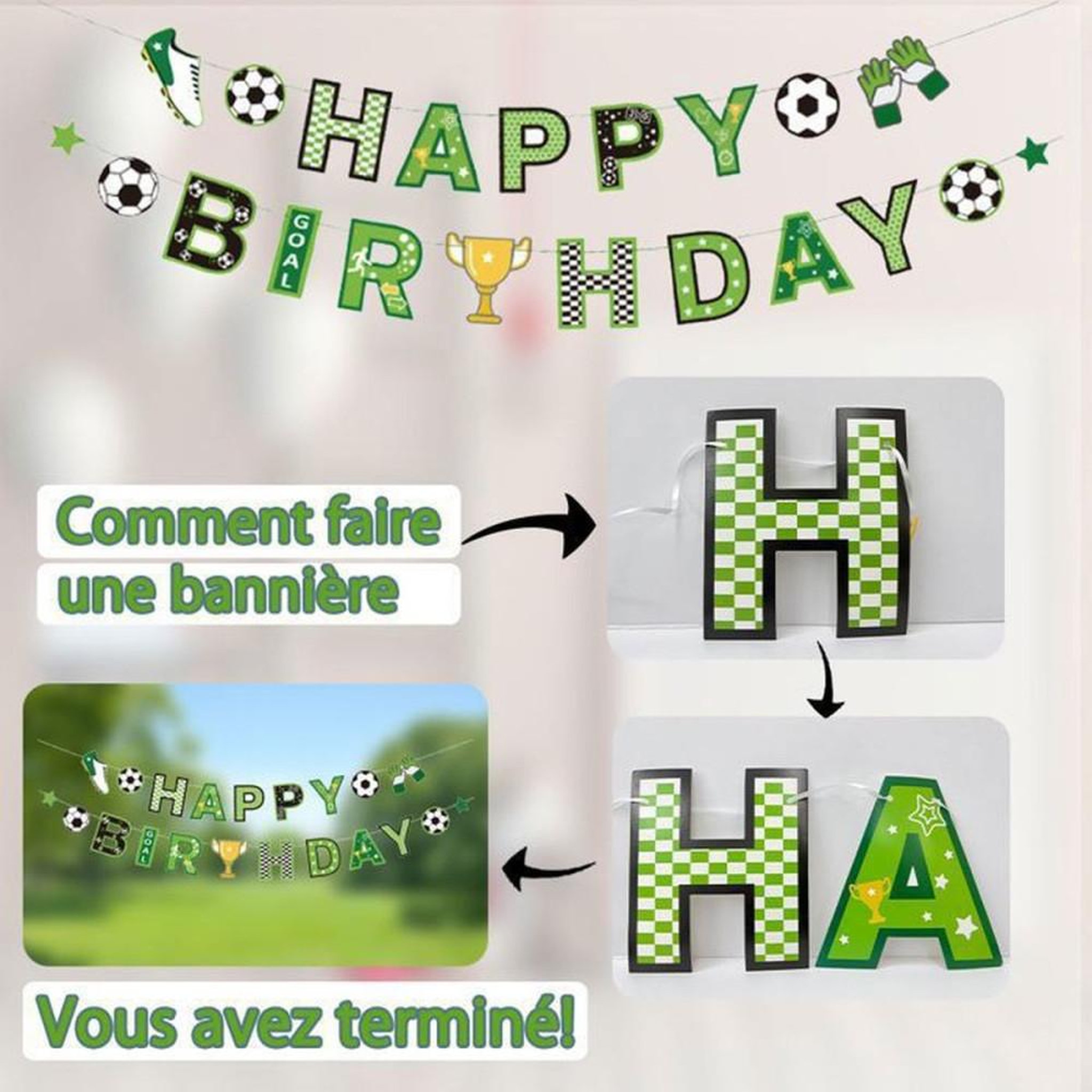 Voir la diapositive 5 : Kit vaisselle et décoration anniversaire football INBOXXARTY avec banderole, nappe, assiettes, couverts, ballons, sifflet et accessoires