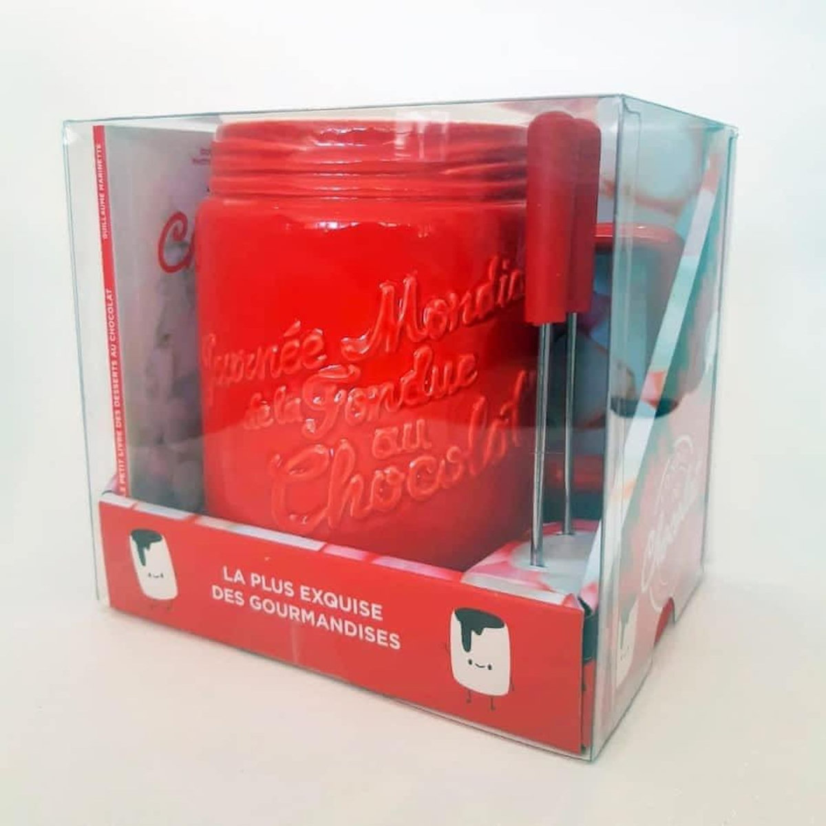 FONDUE AU CHOCOLAT. COFFRET AVEC 1 RECIPIENT A FONDUE EN CERAMIQUE, 2 PIQUES A FRUITS, 1 BOUGIE CHAUFFE-PLAT ET 1 LIVRE DE RECETTES, Marabout