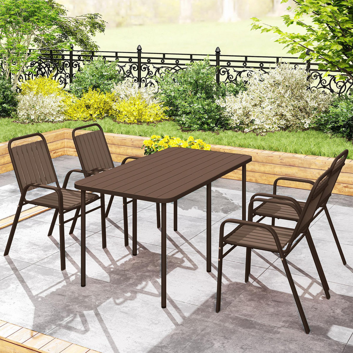 OUTSUNNY Lot de 4 chaises de jardin empilables design néo-rétro avec hauts dossiers accoudoirs acier époxy PP marron