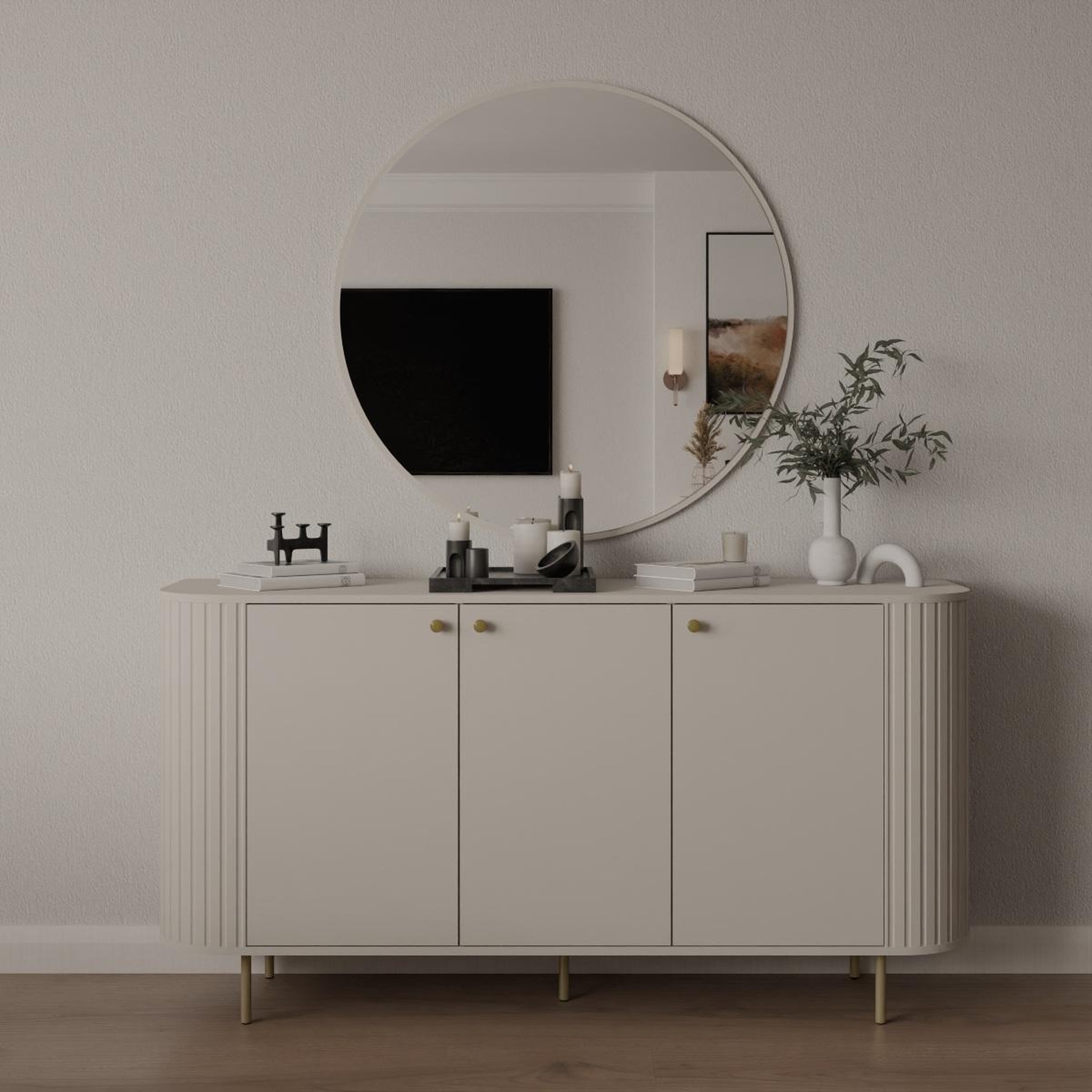 Voir la diapositive 2 : JLC KREATION Buffet bas design beige bord arrondi 3 portes165cm lilio
