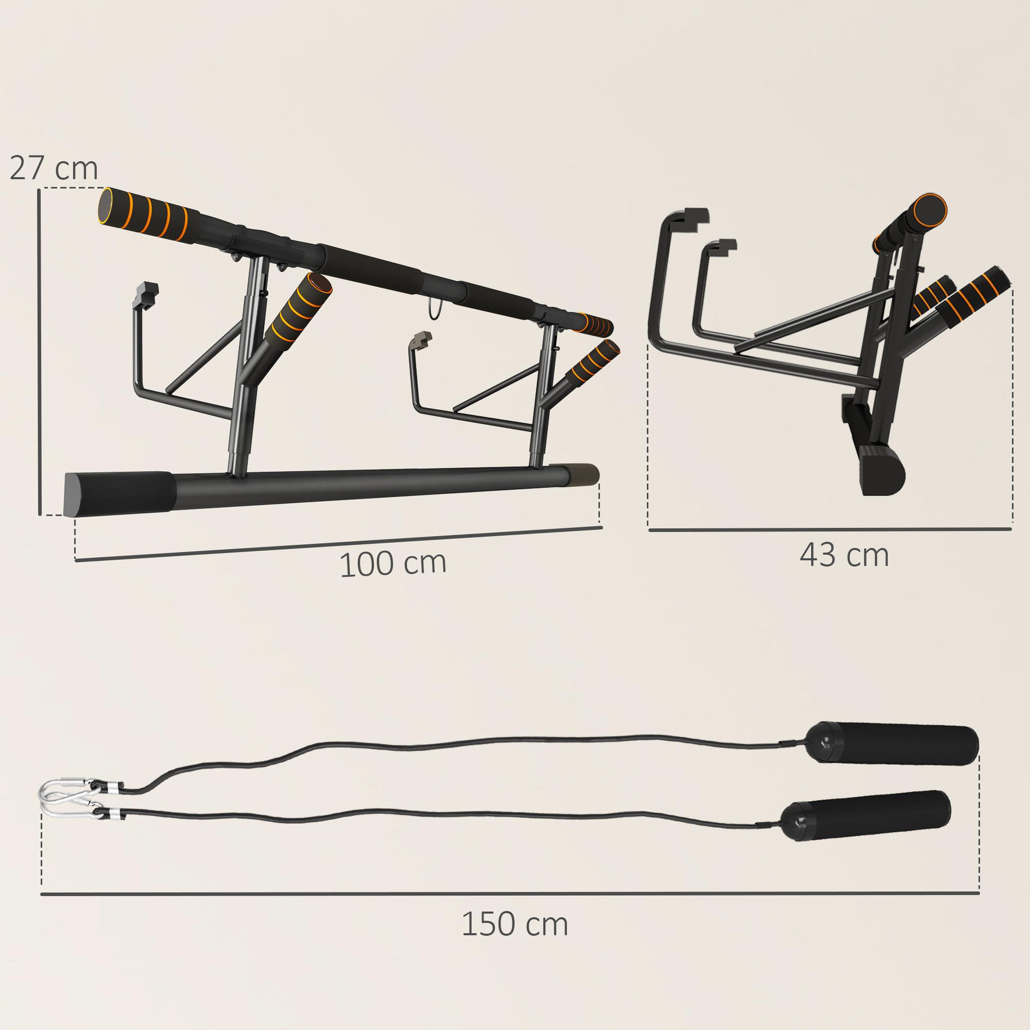 Voir la diapositive 3 : HOMCOM Barre de traction porte 2 bandes de résistance incluses max. 150 kg acier orange noir