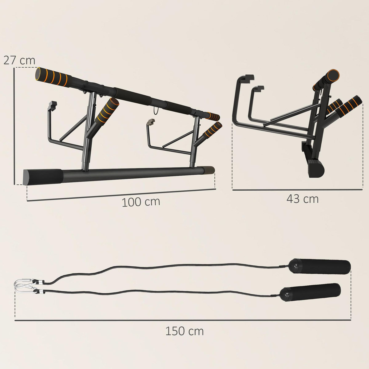 HOMCOM Barre de traction porte 2 bandes de résistance incluses max. 150 Kg acier orange noir