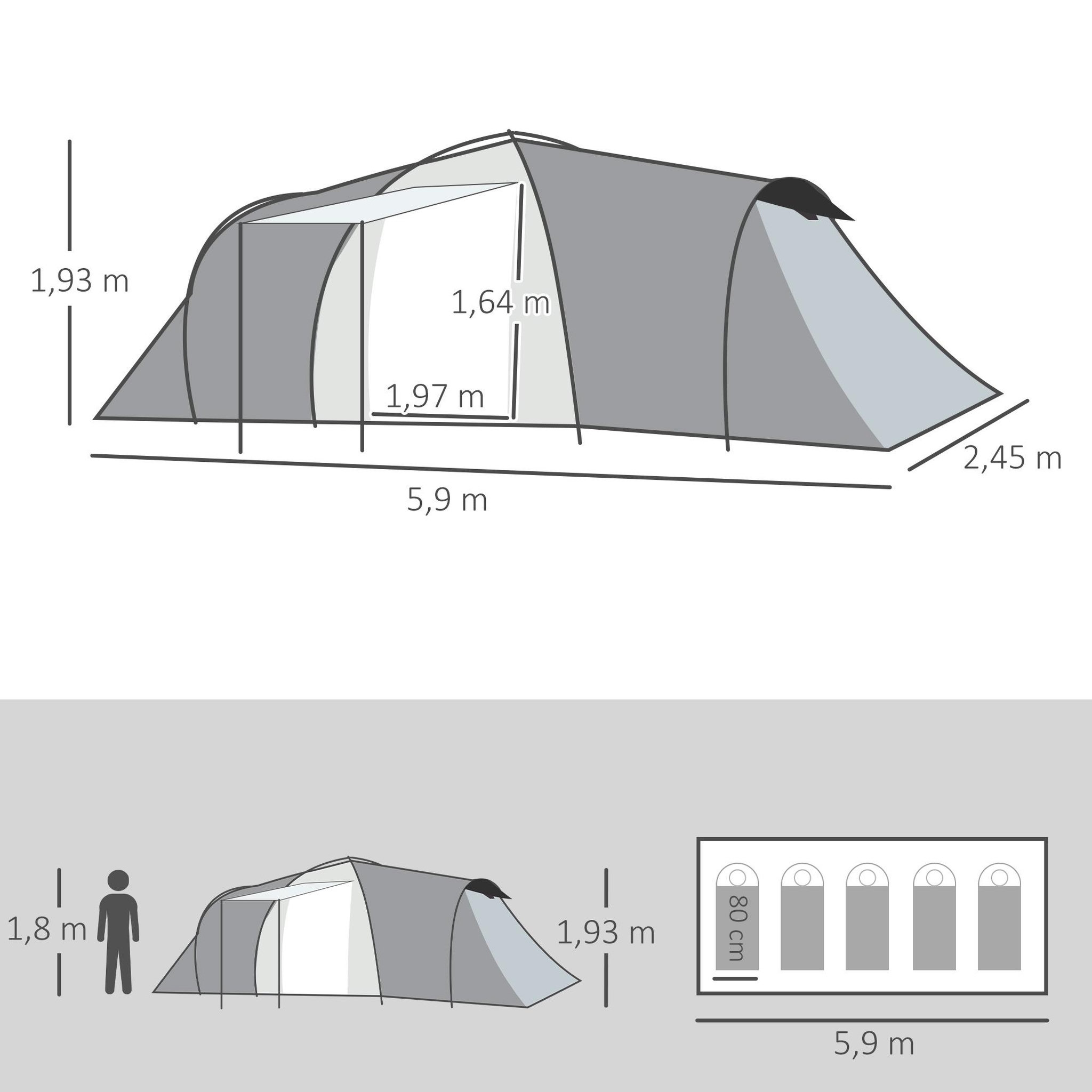 Voir la diapositive 3 : OUTSUNNY Tente de camping familiale 4-6 personnes 2 cabines 2 portes auvent 5,9l x 2,45l x 1,93h m rouge gris