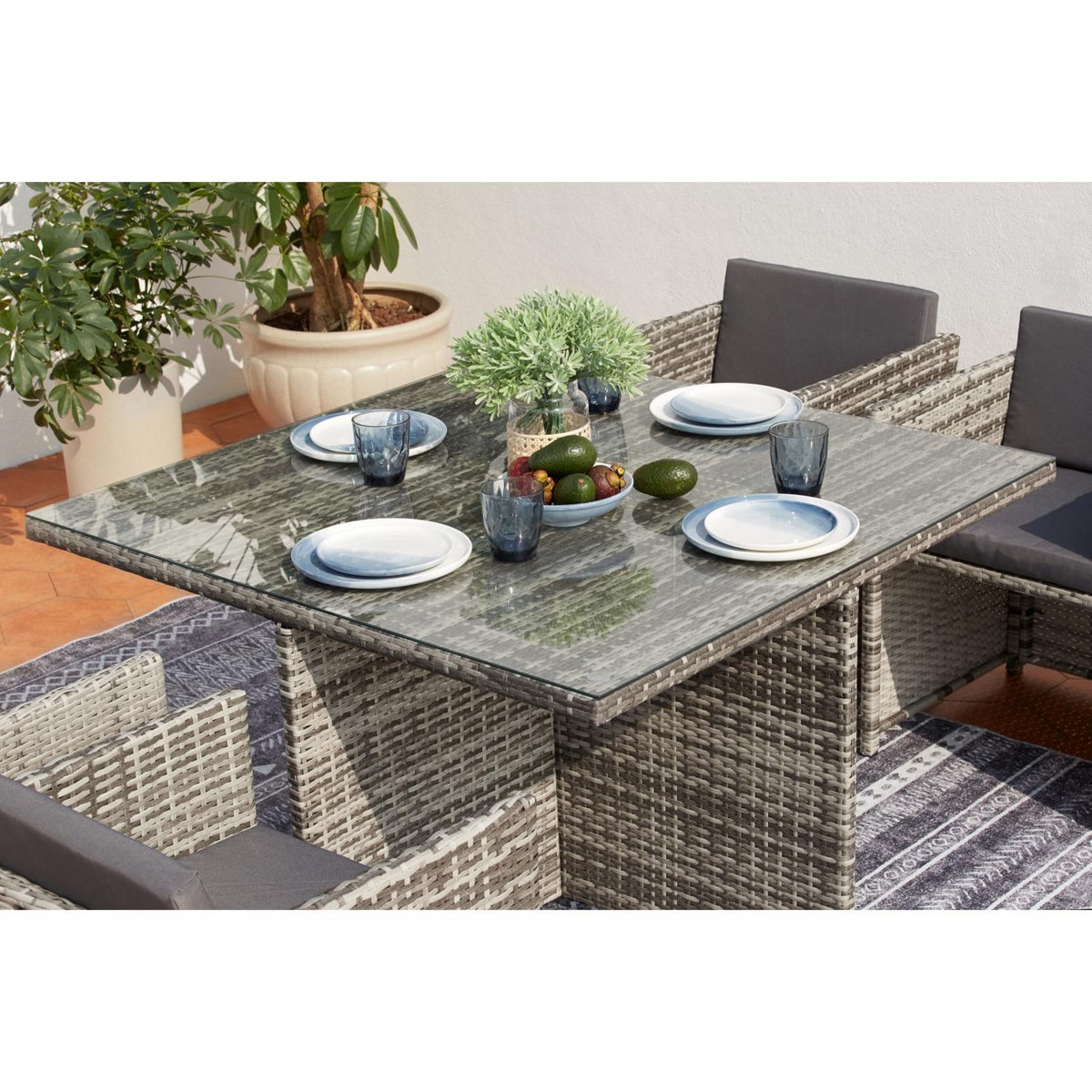 CONCEPT USINE Salon de jardin encastrable 4 personnes en résine tressée gris MIAMI