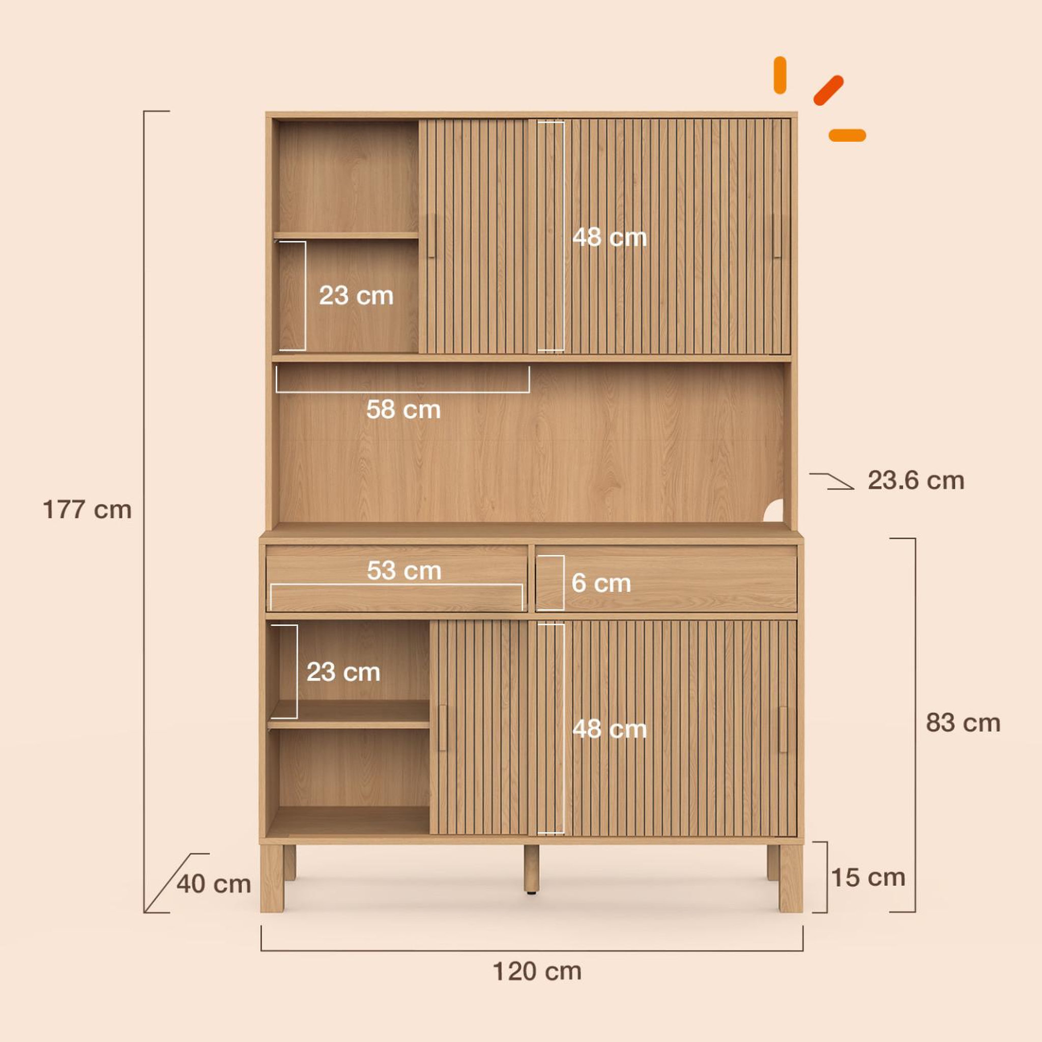 Voir la diapositive 5 : ID MARKET Buffet de cuisine 120 cm JULIETTE 4 portes coulissantes + 2 tiroirs effet lattes tasseau bois