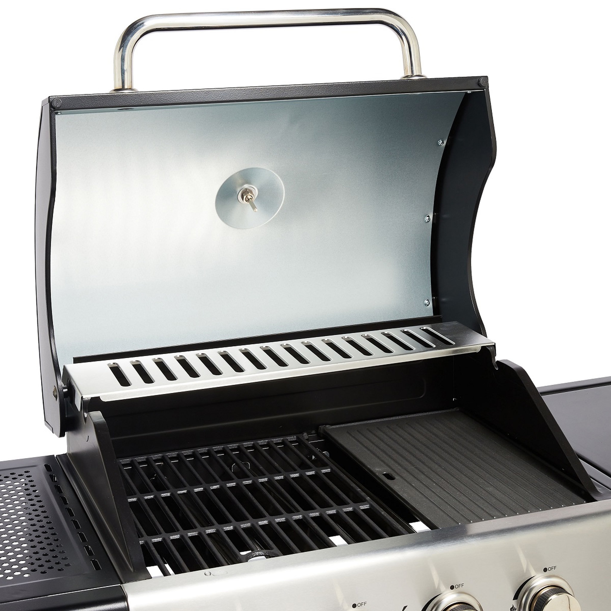 Voir la diapositive 2 : GARDENSTAR Barbecue à gaz en acier 4 brûleurs + 1 latéral MISTRA