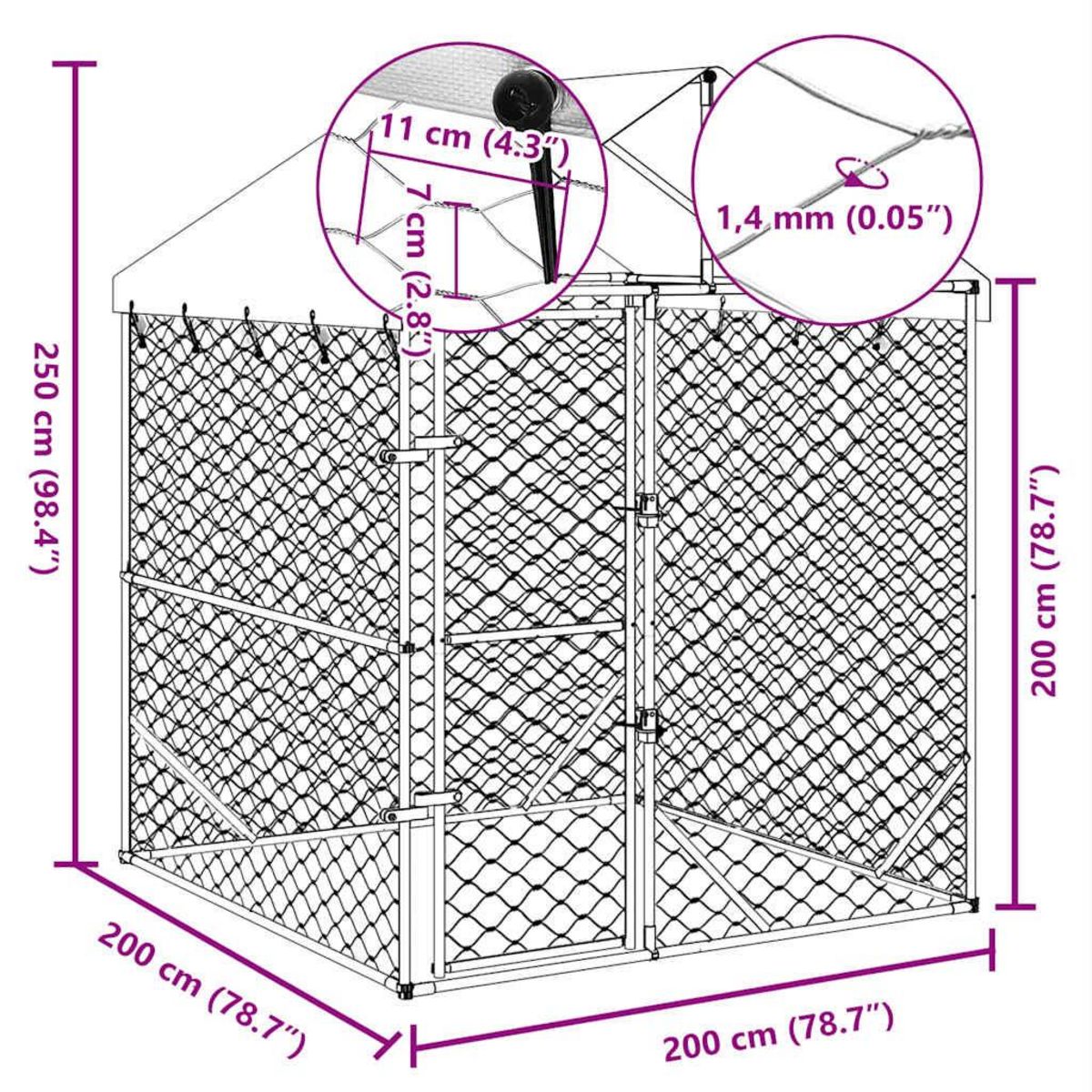 VIDAXL Chenil d'exterieur pour chiens avec toit argente 2x2x2,5 m