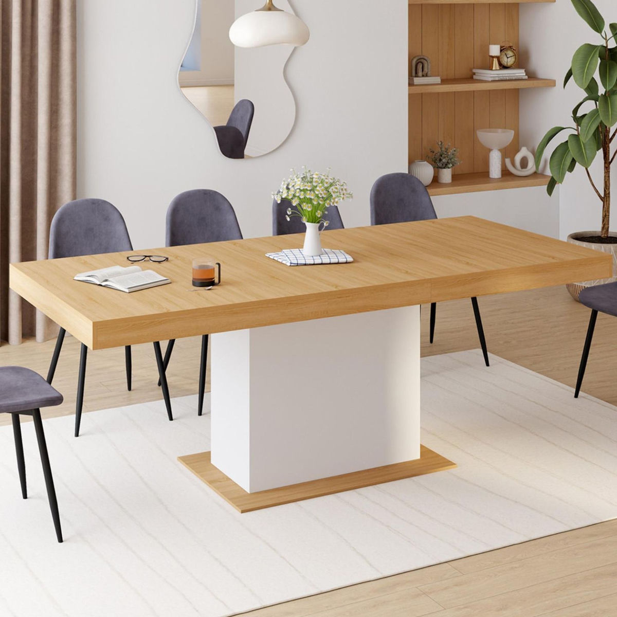 ID MARKET Table à manger extensible rectangle EDEN 6-10 personnes bois et blanc 160-200 cm