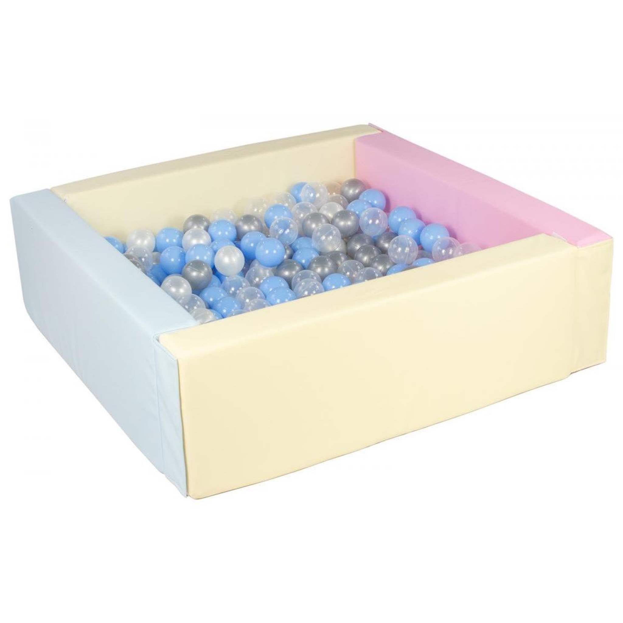 VELINDA Piscine à balles carrée avec 300 balles - rose, bleu, jaune p/perle, transparent, bleu clair, argent