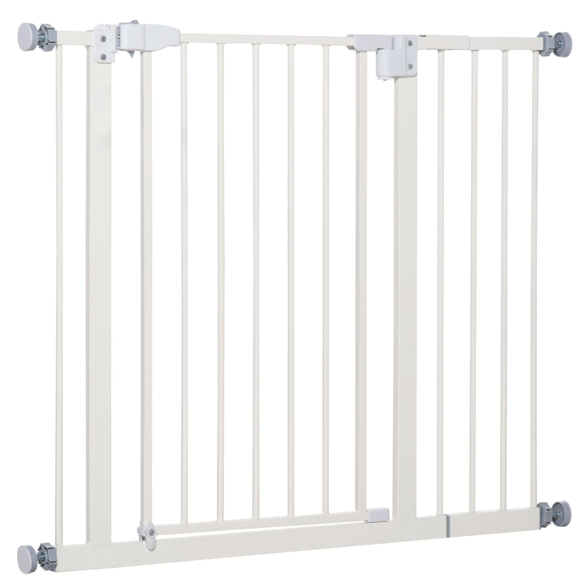 PAWHUT Barrière de sécurité animaux - longueur réglable dim. 74-97,5 cm - porte double verrouillage, ouverture double sens -sans perçage - acier plastique blanc