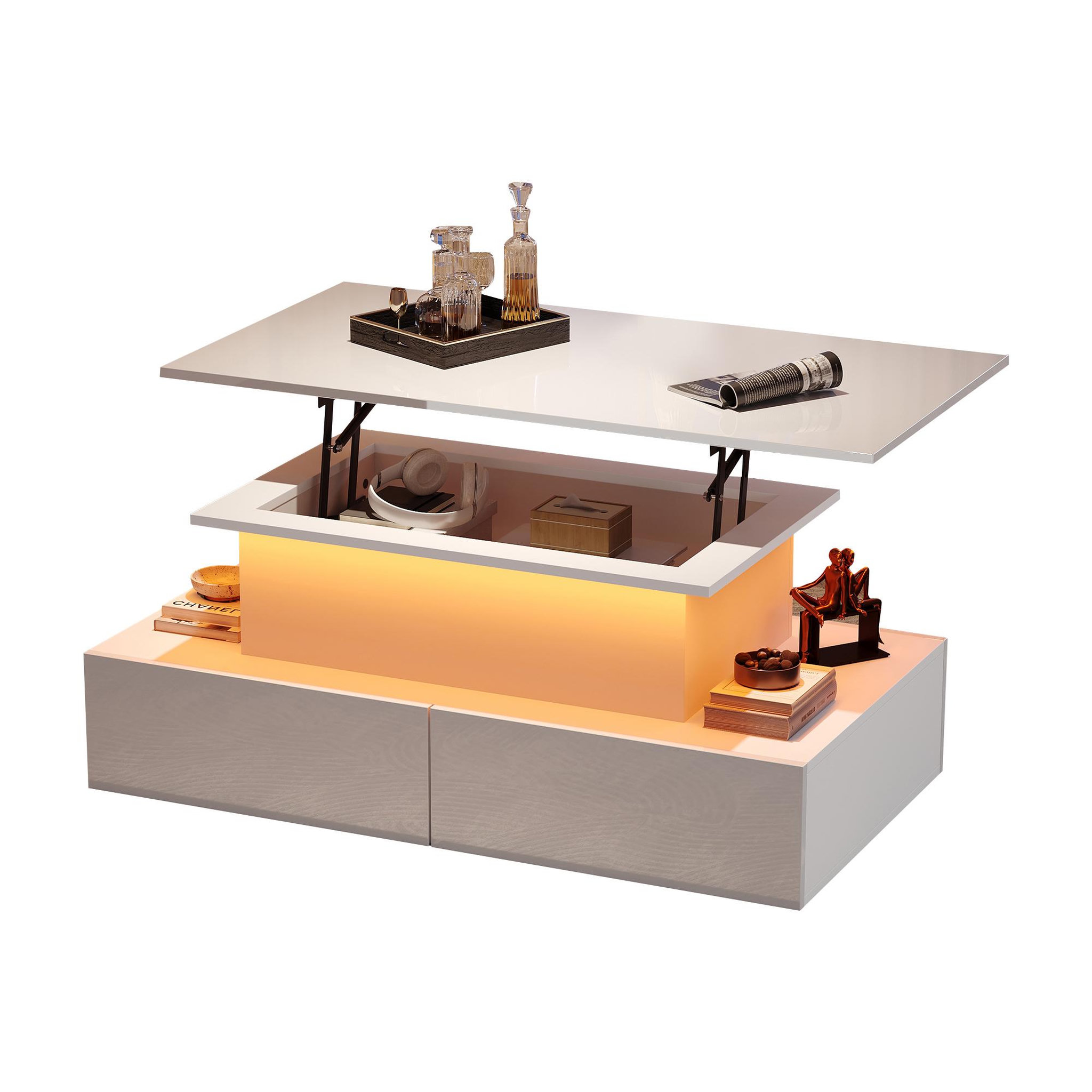MERAX Table Basse 4 Tiroirs Et Plateau Relevable. Coloris disponibles : Blanc