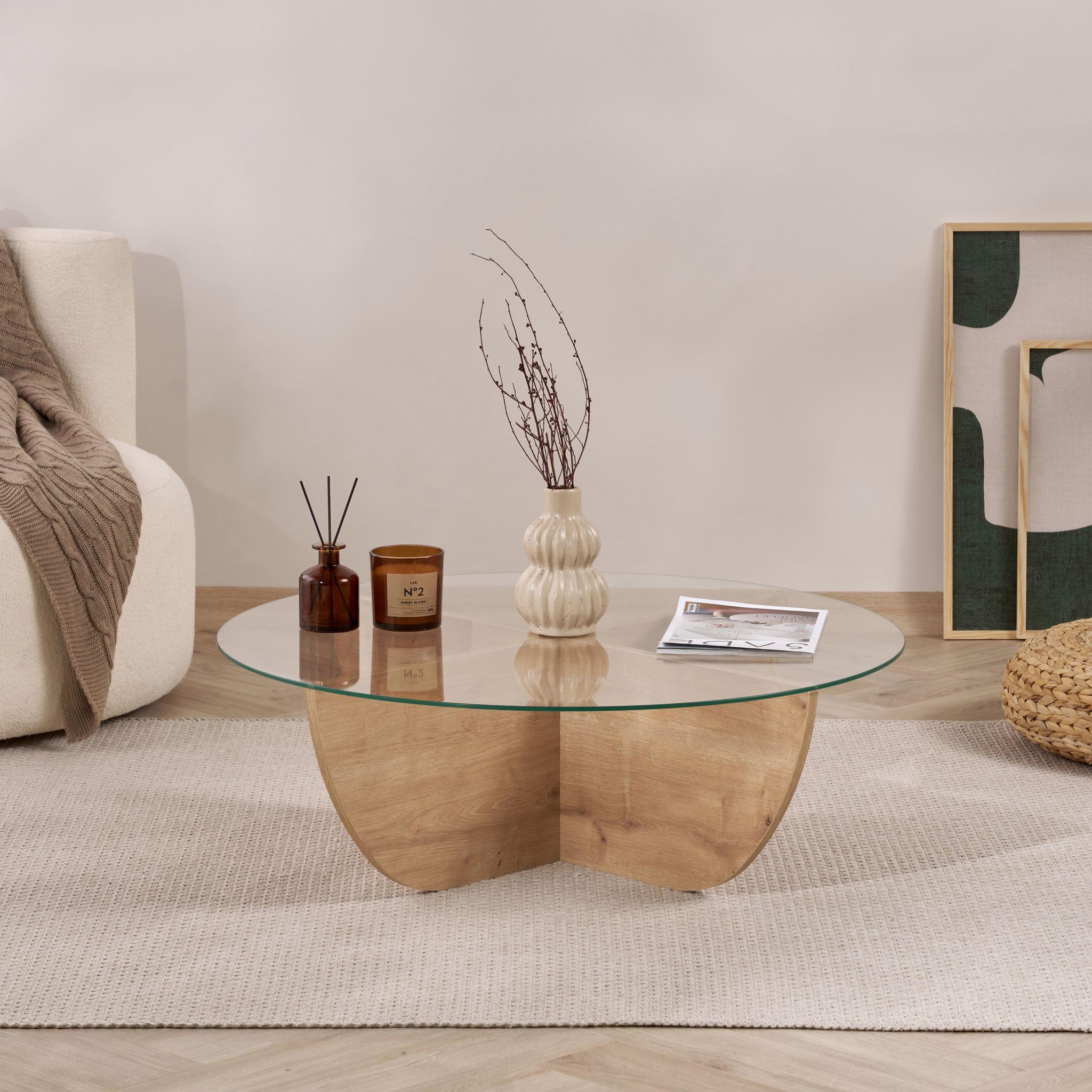 Voir la diapositive 4 : Habitat et Jardin Table basse en verre  liya  90 x 90 x 30 cm - chêne saphir