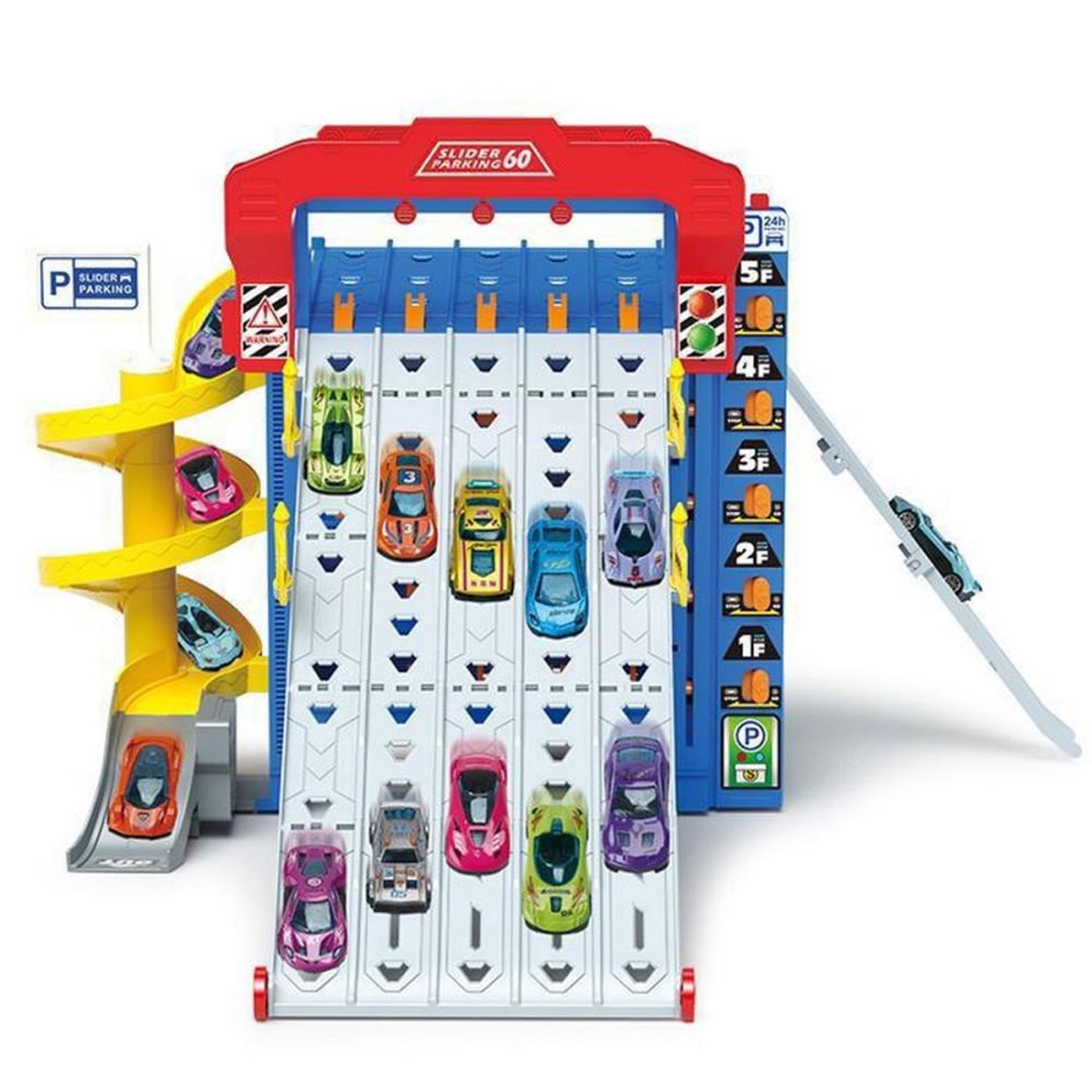Coffret circuit voitures coulissantes 60 avec camion et garage, 10 mini voitures
